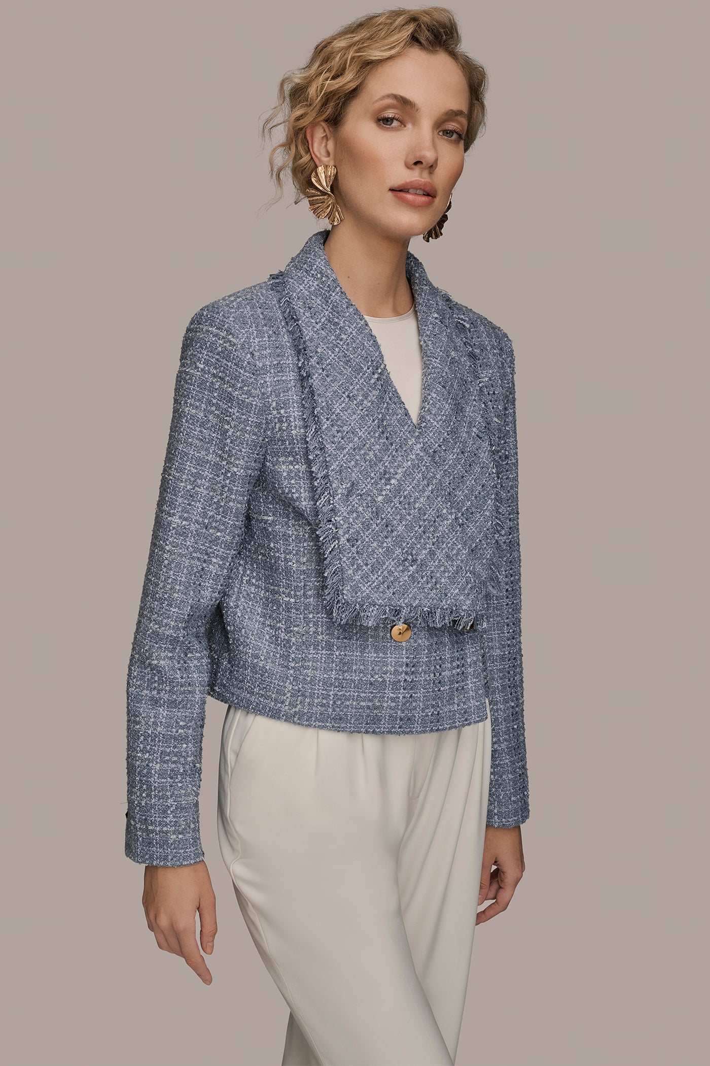 TEMPEST CROPPED DOUBLE-BREASTED FRINGED TWEED JACKET Donna Karan