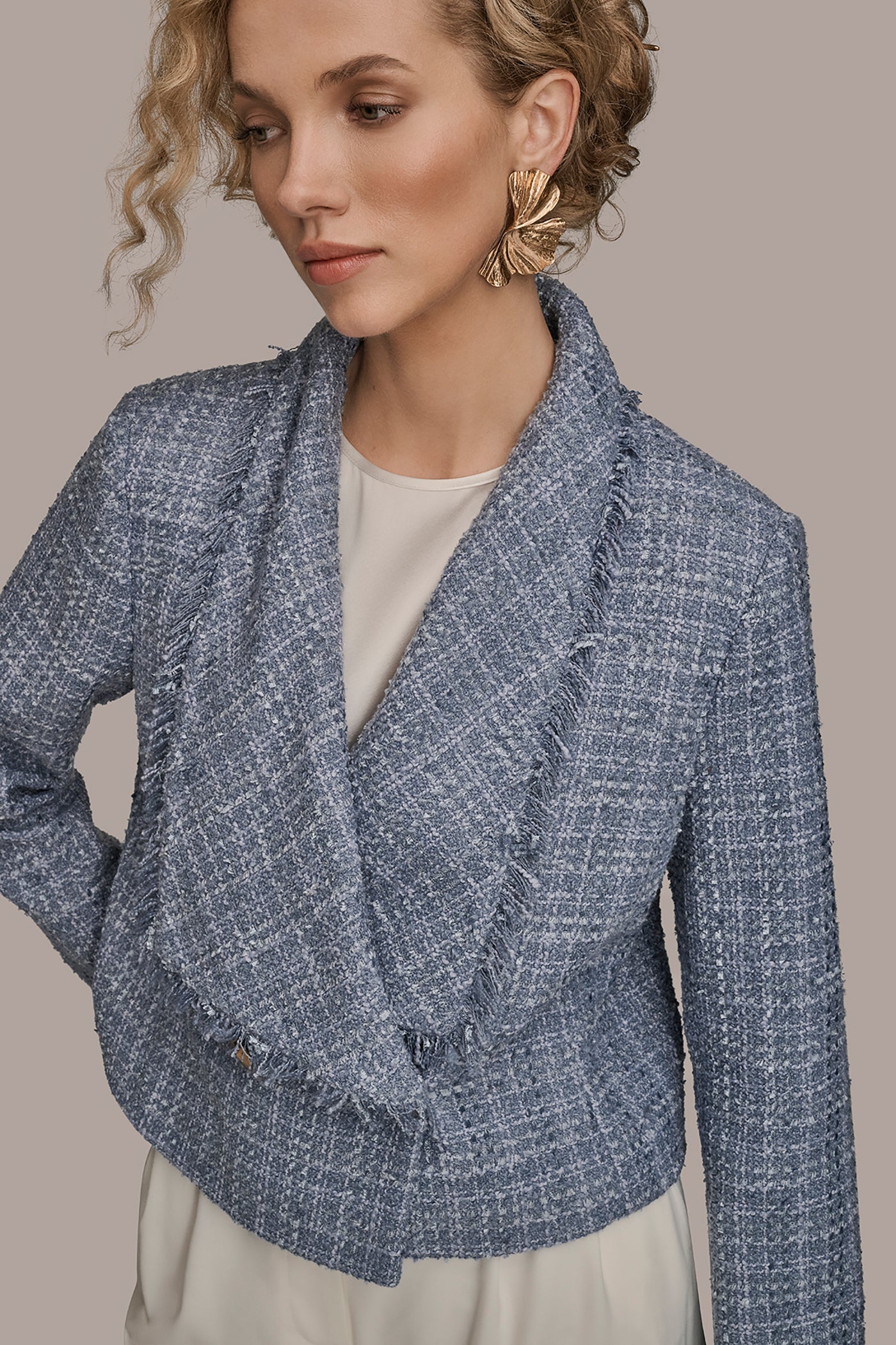 TEMPEST CROPPED DOUBLE-BREASTED FRINGED TWEED JACKET Donna Karan