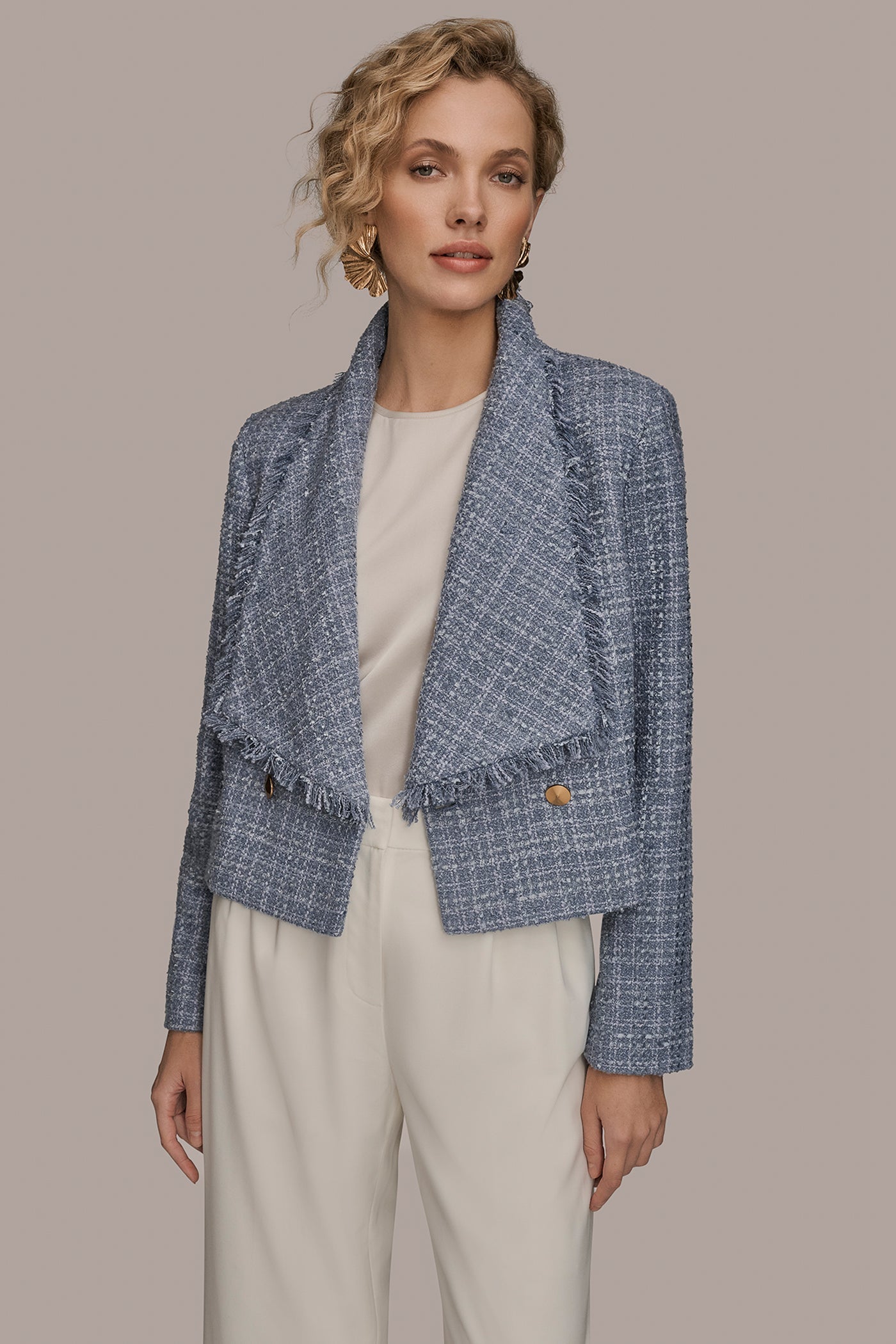 TEMPEST CROPPED DOUBLE-BREASTED FRINGED TWEED JACKET Donna Karan