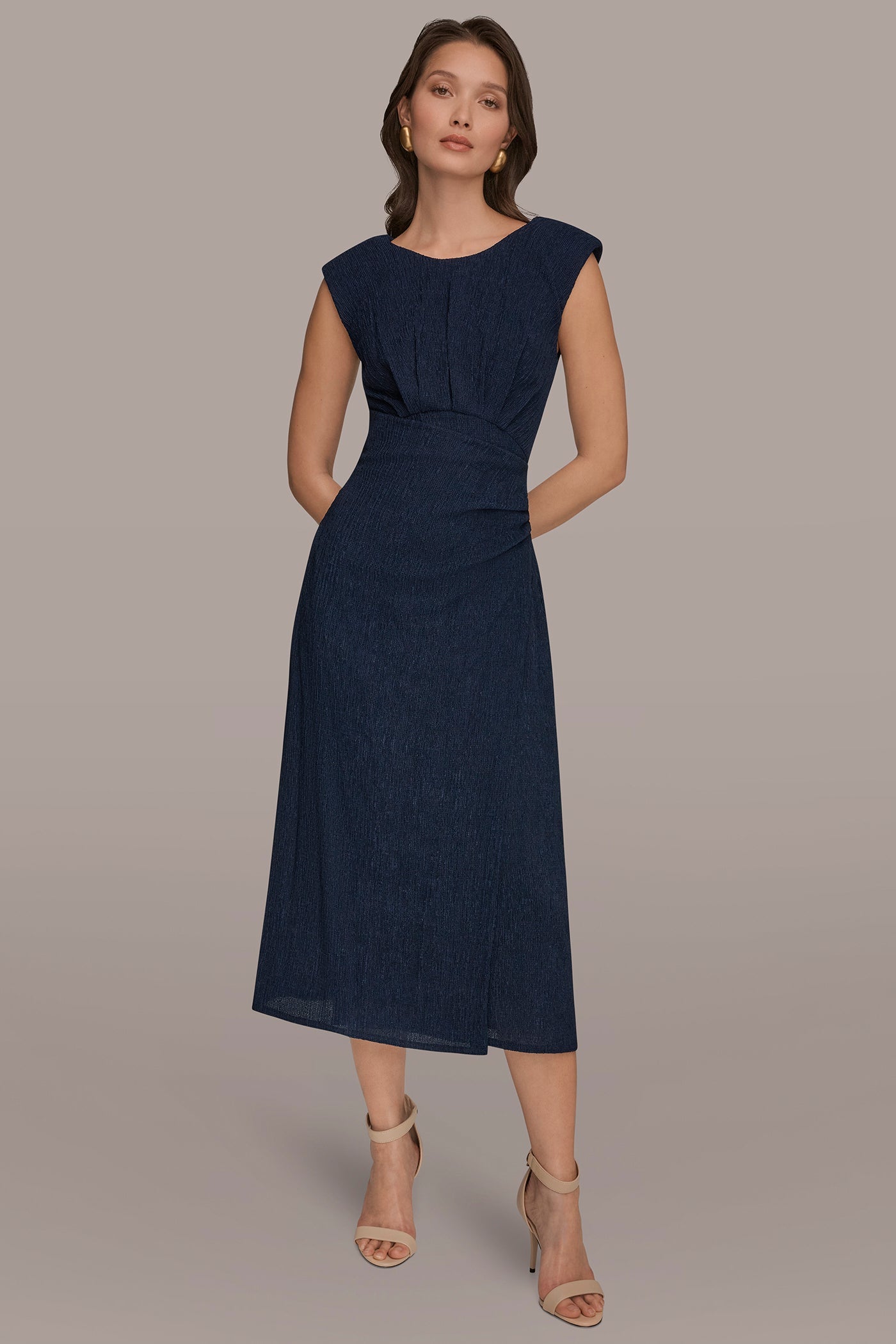 NIGHTFALL CRINKLED SLEEVELESS RUCHED MIDI DRESS Donna Karan