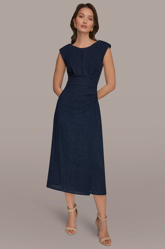 NIGHTFALL CRINKLED SLEEVELESS RUCHED MIDI DRESS Donna Karan