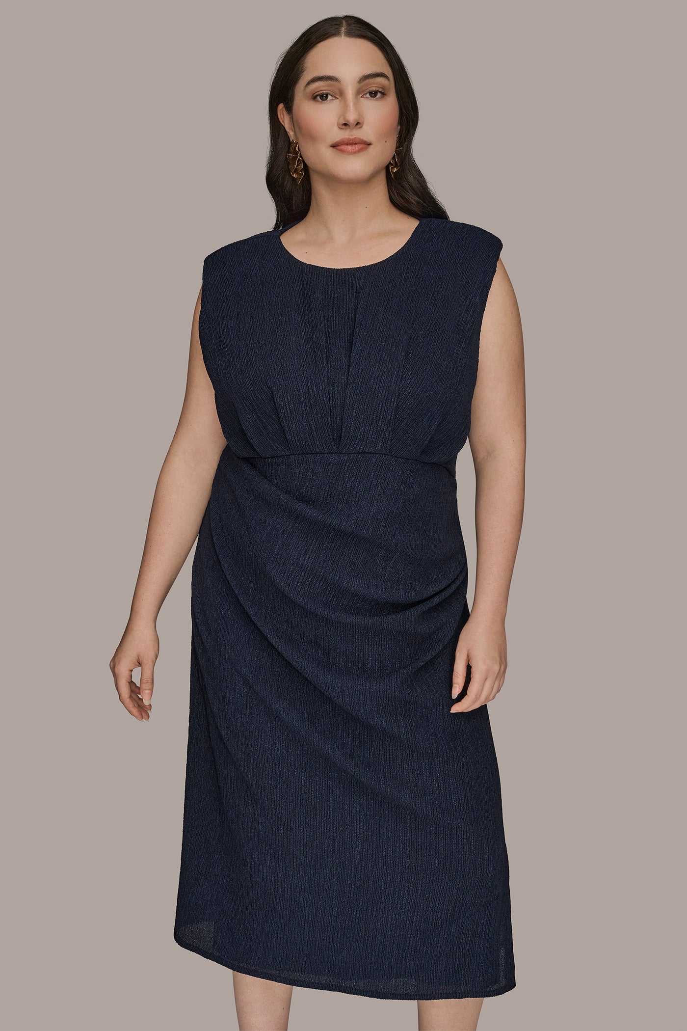 NIGHTFALL CRINKLED SLEEVELESS RUCHED MIDI DRESS Donna Karan