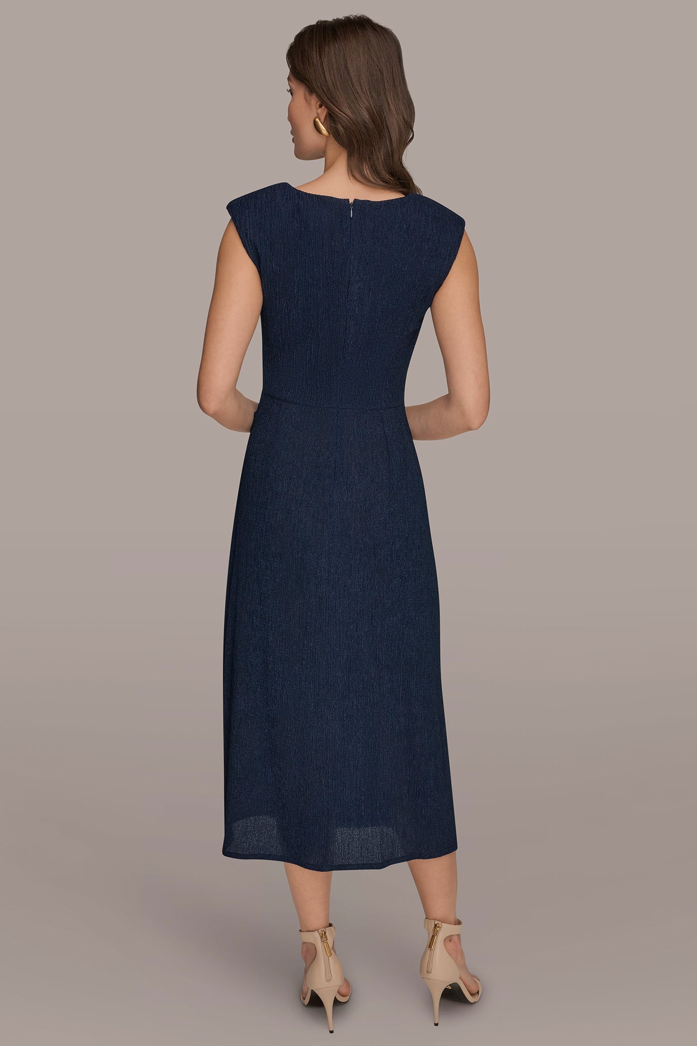 NIGHTFALL CRINKLED SLEEVELESS RUCHED MIDI DRESS Donna Karan