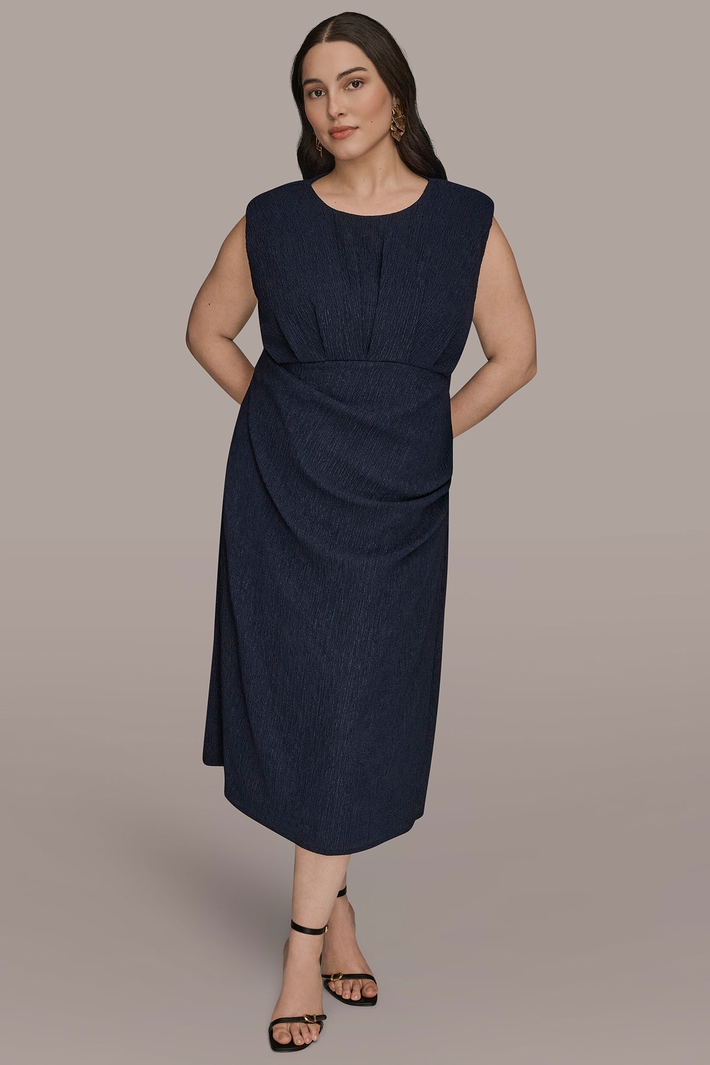NIGHTFALL CRINKLED SLEEVELESS RUCHED MIDI DRESS Donna Karan