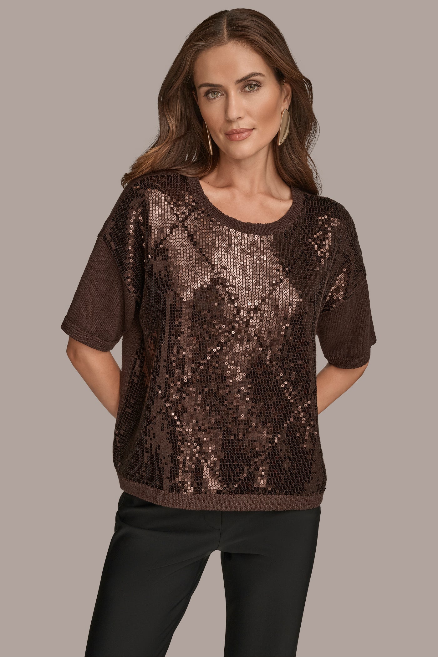 CHOCOLATE PLUM ELBOW-SLEEVE SEQUIN SWEATER Donna Karan
