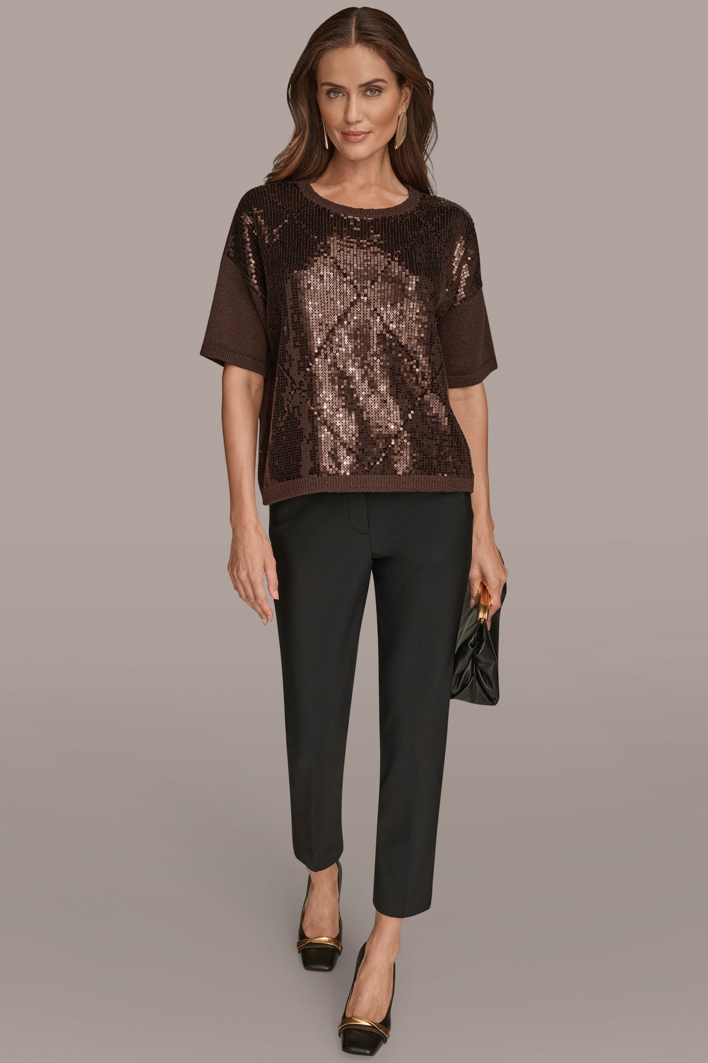 CHOCOLATE PLUM ELBOW-SLEEVE SEQUIN SWEATER Donna Karan