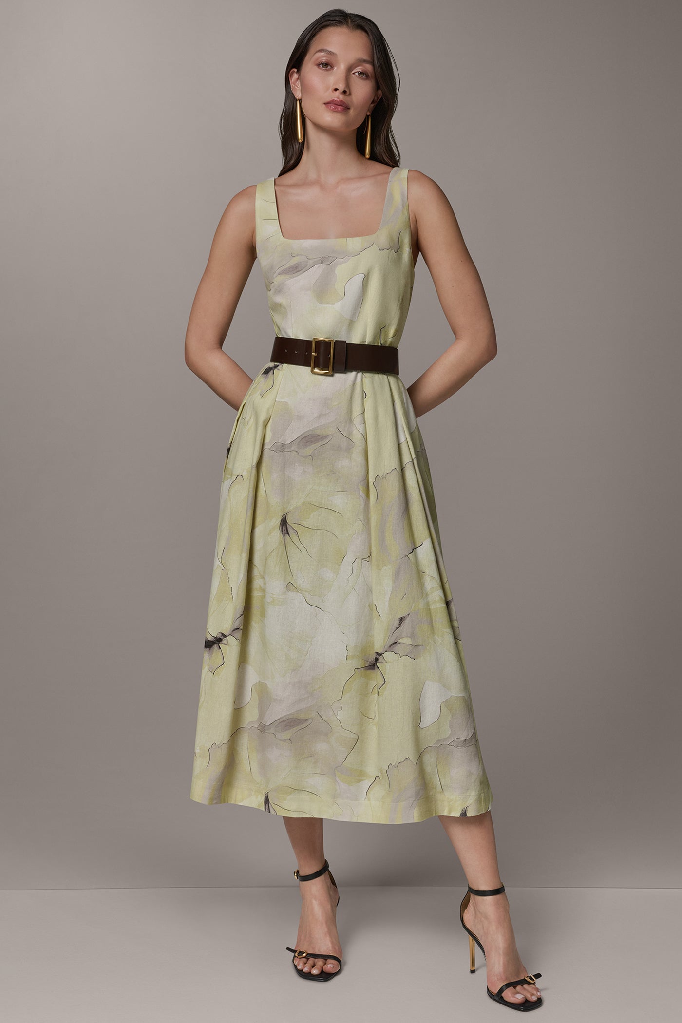 Citrus Green Combo SLEEVELESS SQUARE NECK PRINTED BELTED MIDI FIT AND FLARE DRESS Donna Karan