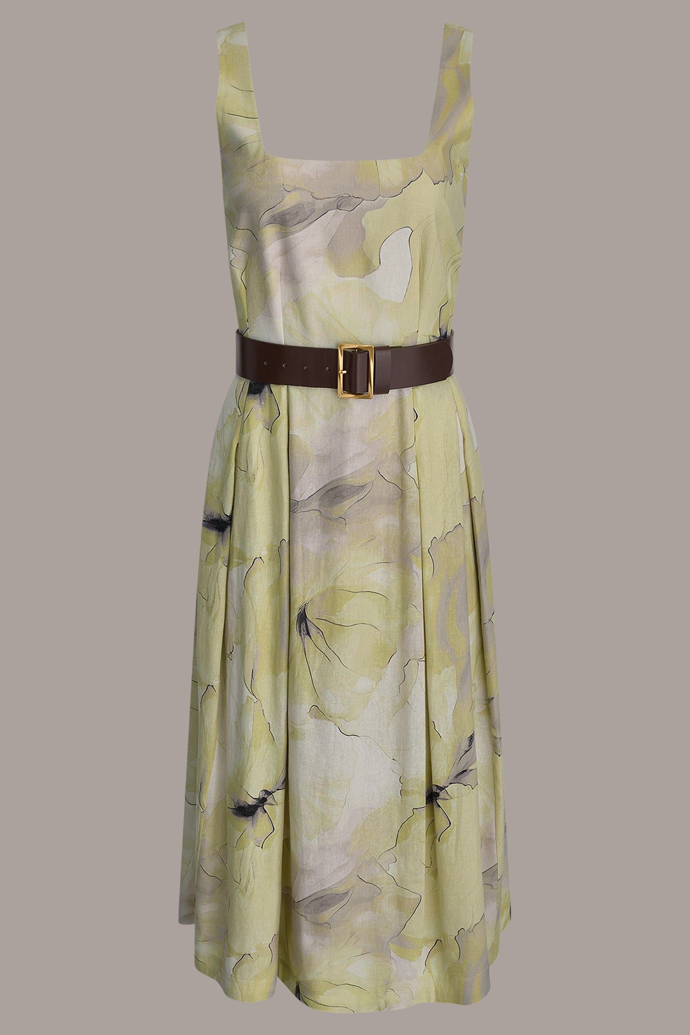 Citrus Green Combo SLEEVELESS SQUARE NECK PRINTED BELTED MIDI FIT AND FLARE DRESS Donna Karan