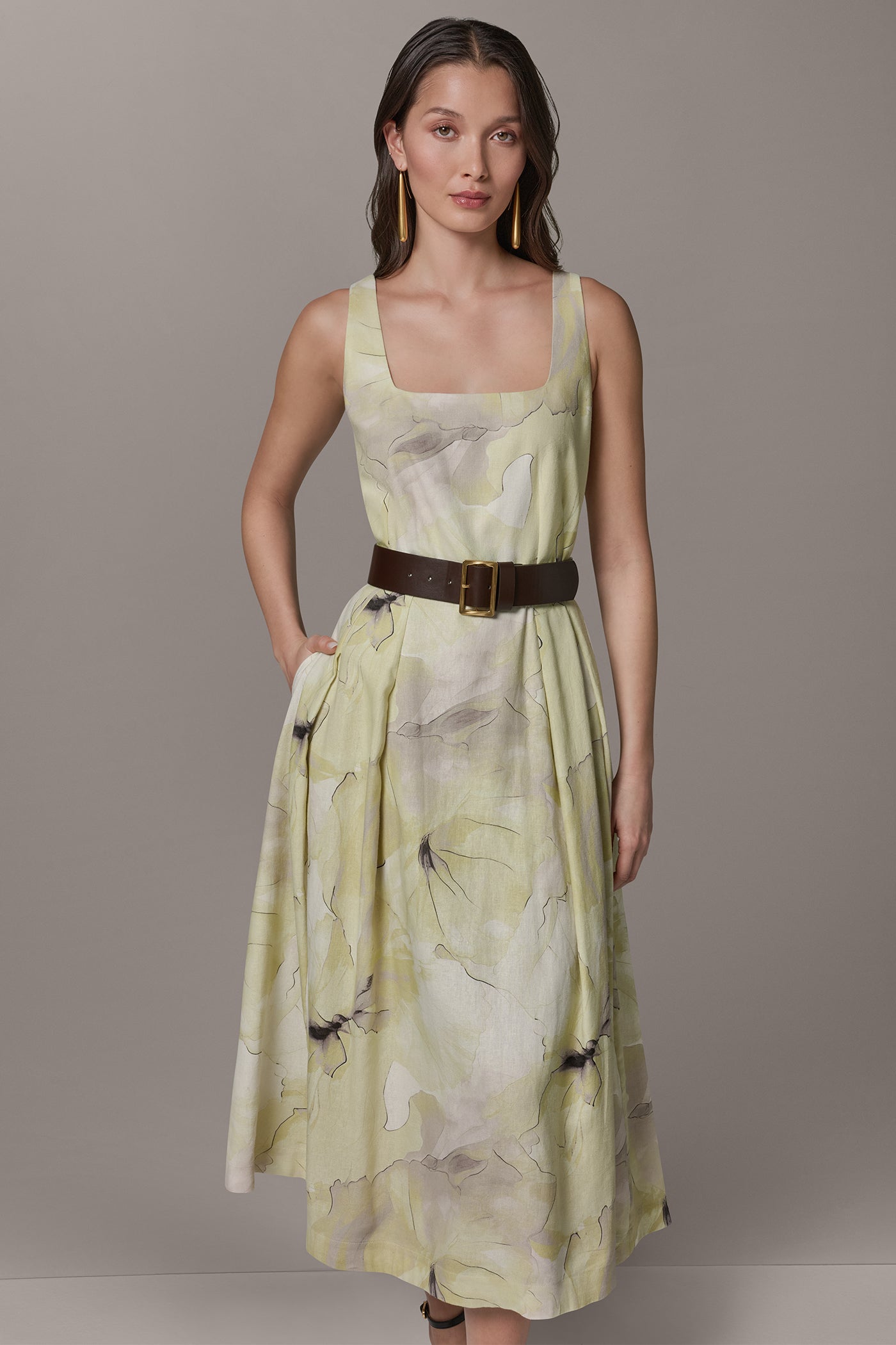 Citrus Green Combo SLEEVELESS SQUARE NECK PRINTED BELTED MIDI FIT AND FLARE DRESS Donna Karan