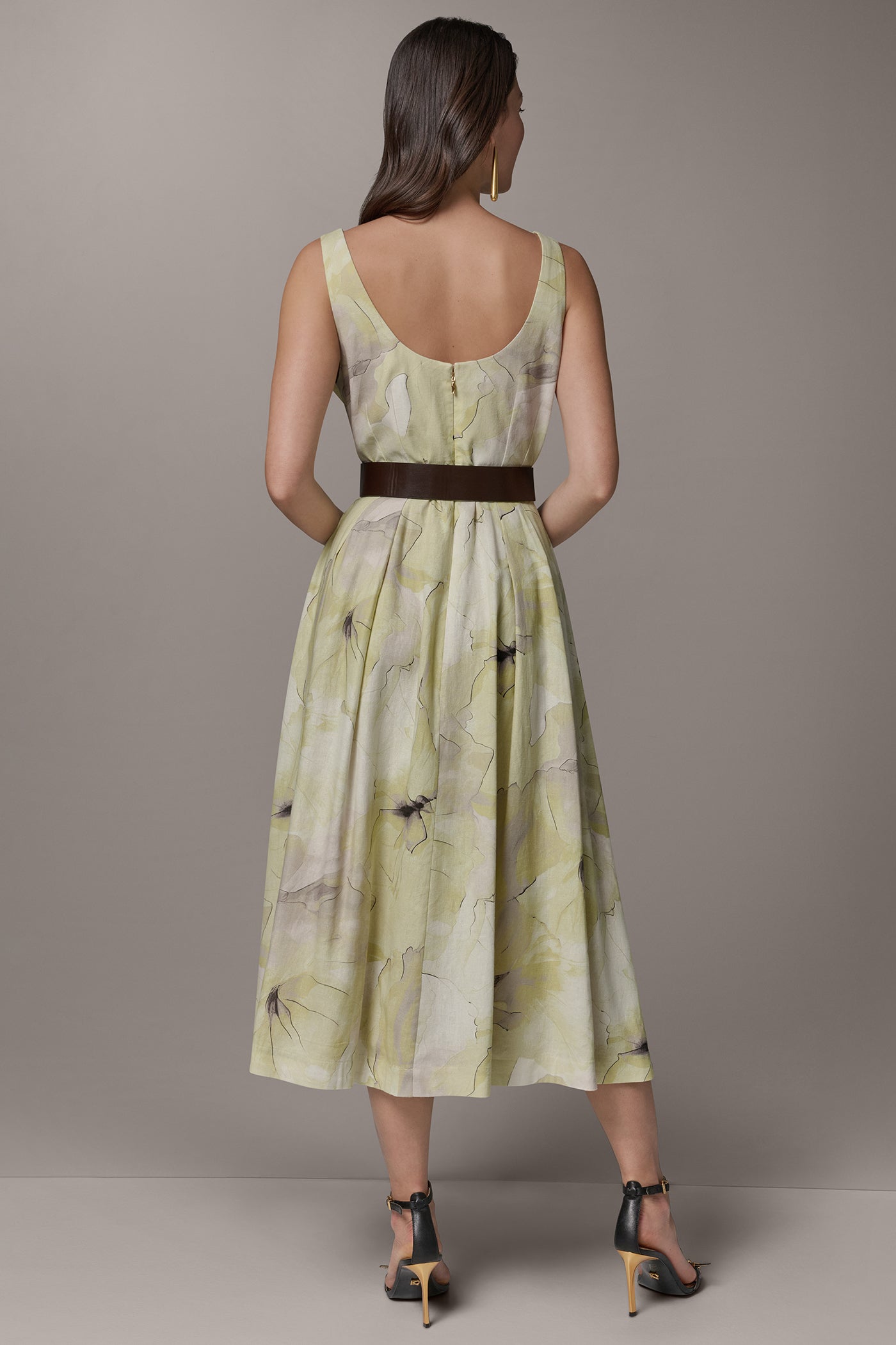 Citrus Green Combo SLEEVELESS SQUARE NECK PRINTED BELTED MIDI FIT AND FLARE DRESS Donna Karan