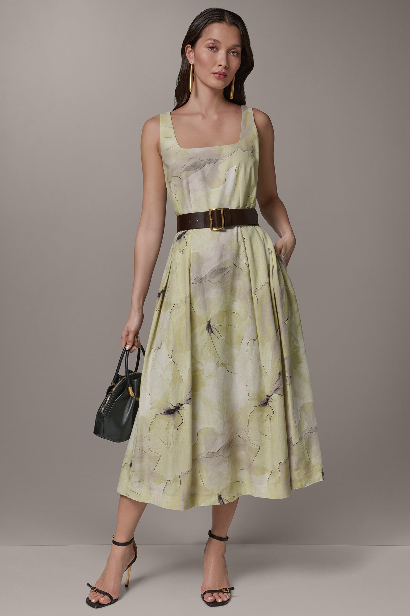 Citrus Green Combo SLEEVELESS SQUARE NECK PRINTED BELTED MIDI FIT AND FLARE DRESS Donna Karan