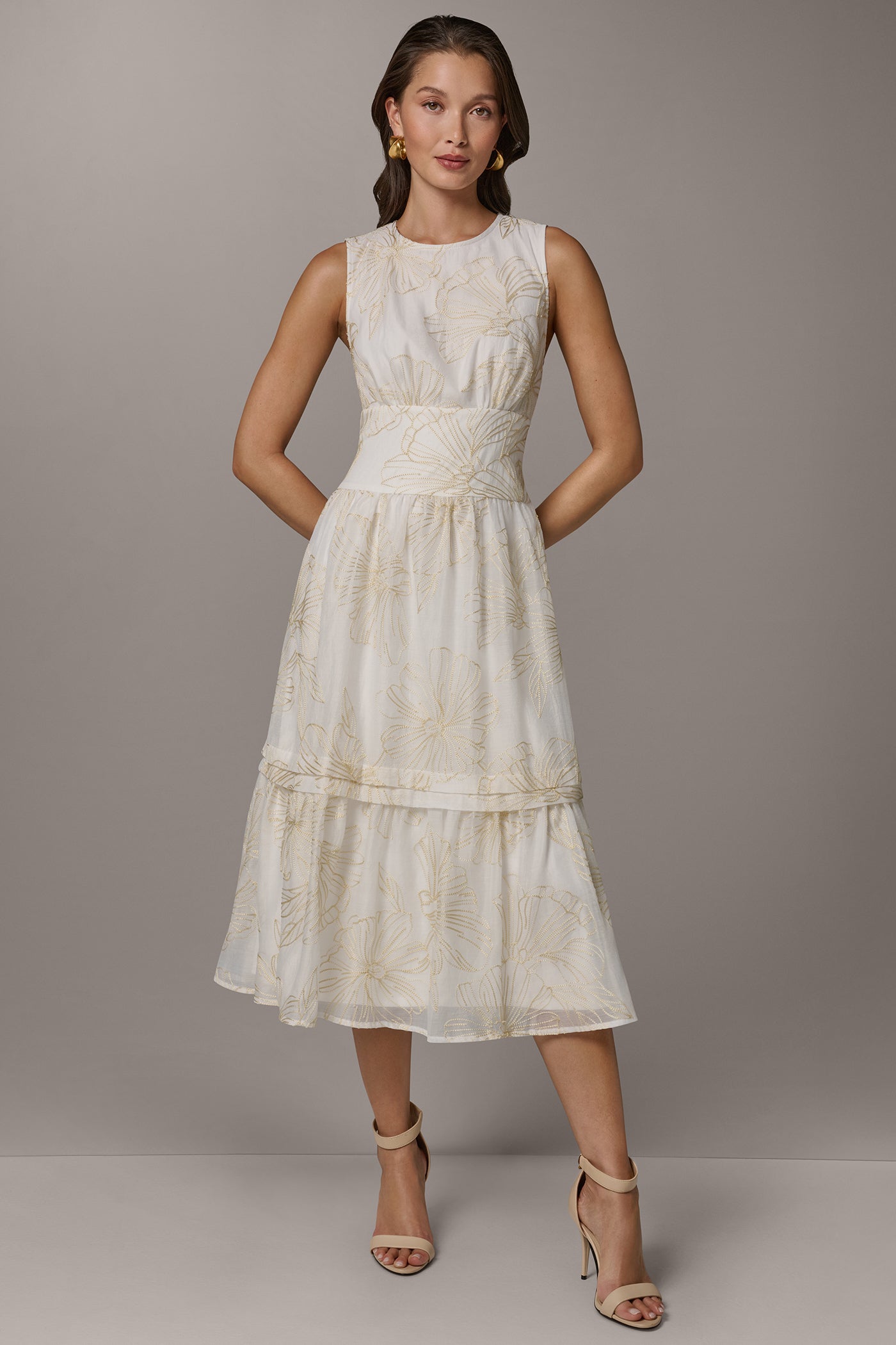 Cream/Sisal SLEEVELESS CUTOUT MIDI A-LINE DRESS Donna Karan