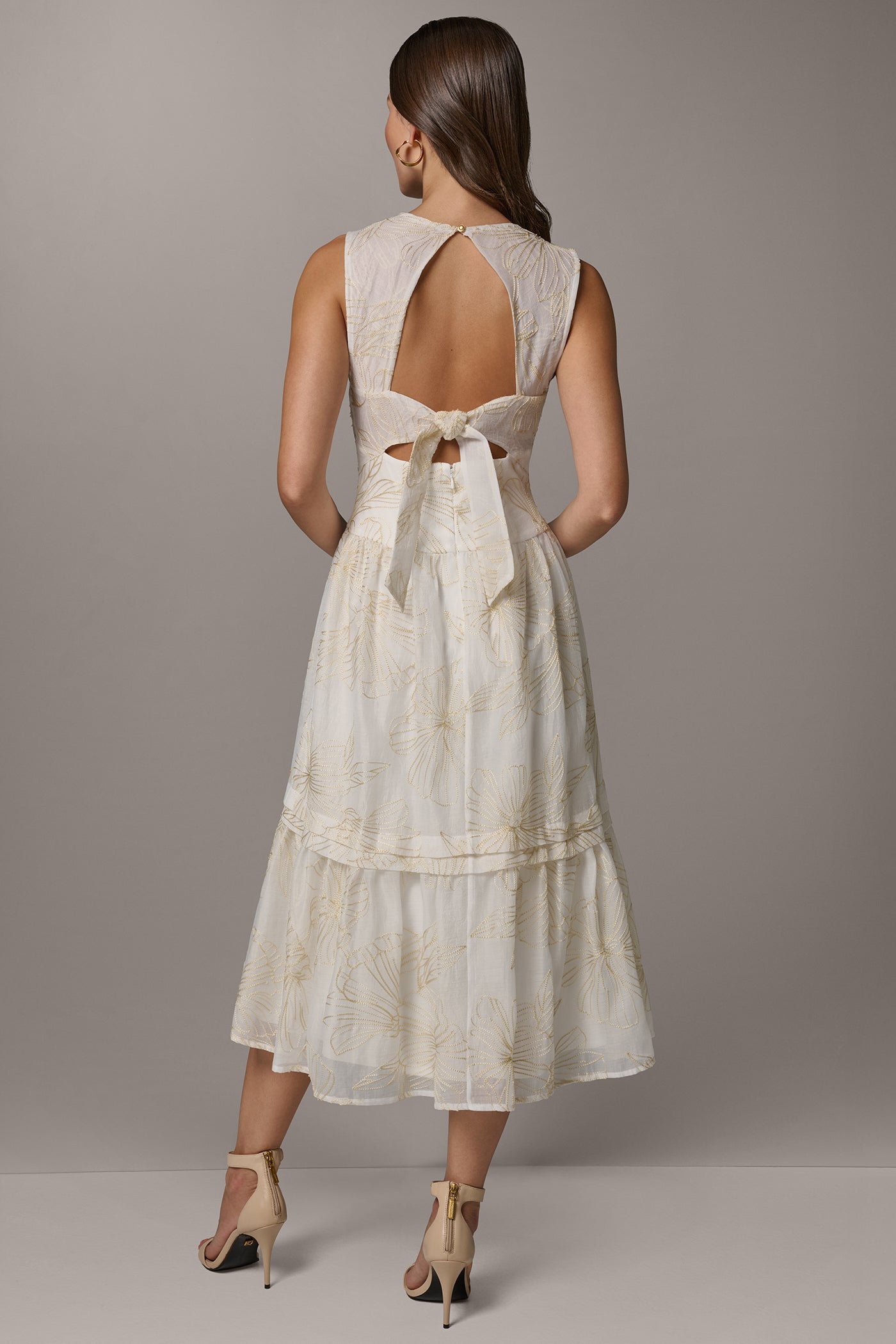Cream/Sisal SLEEVELESS CUTOUT MIDI A-LINE DRESS Donna Karan