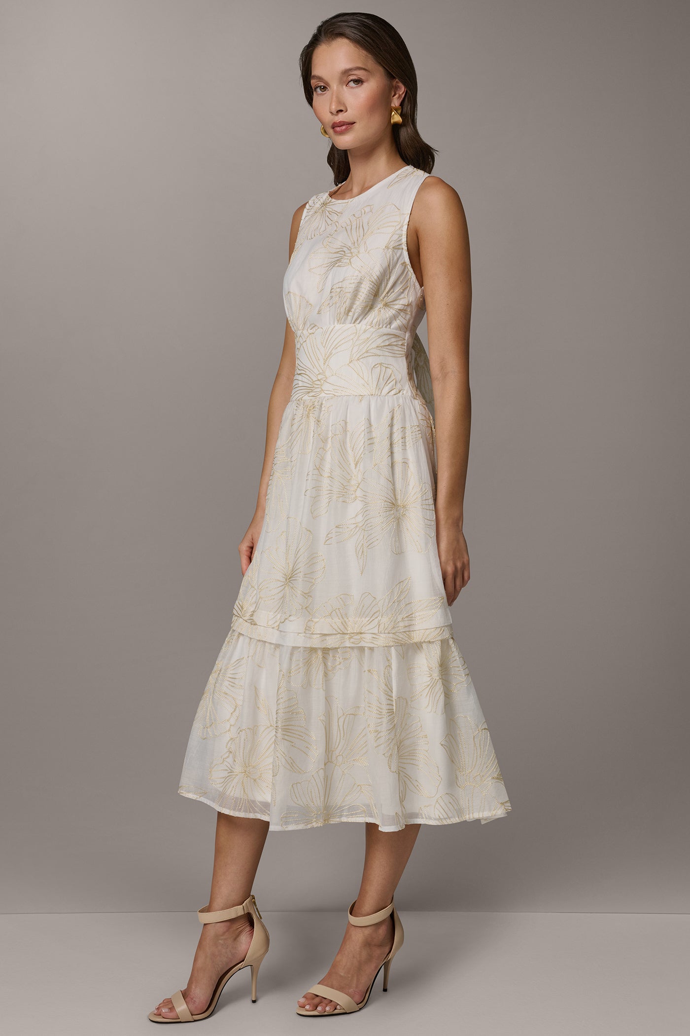 Cream/Sisal SLEEVELESS CUTOUT MIDI A-LINE DRESS Donna Karan