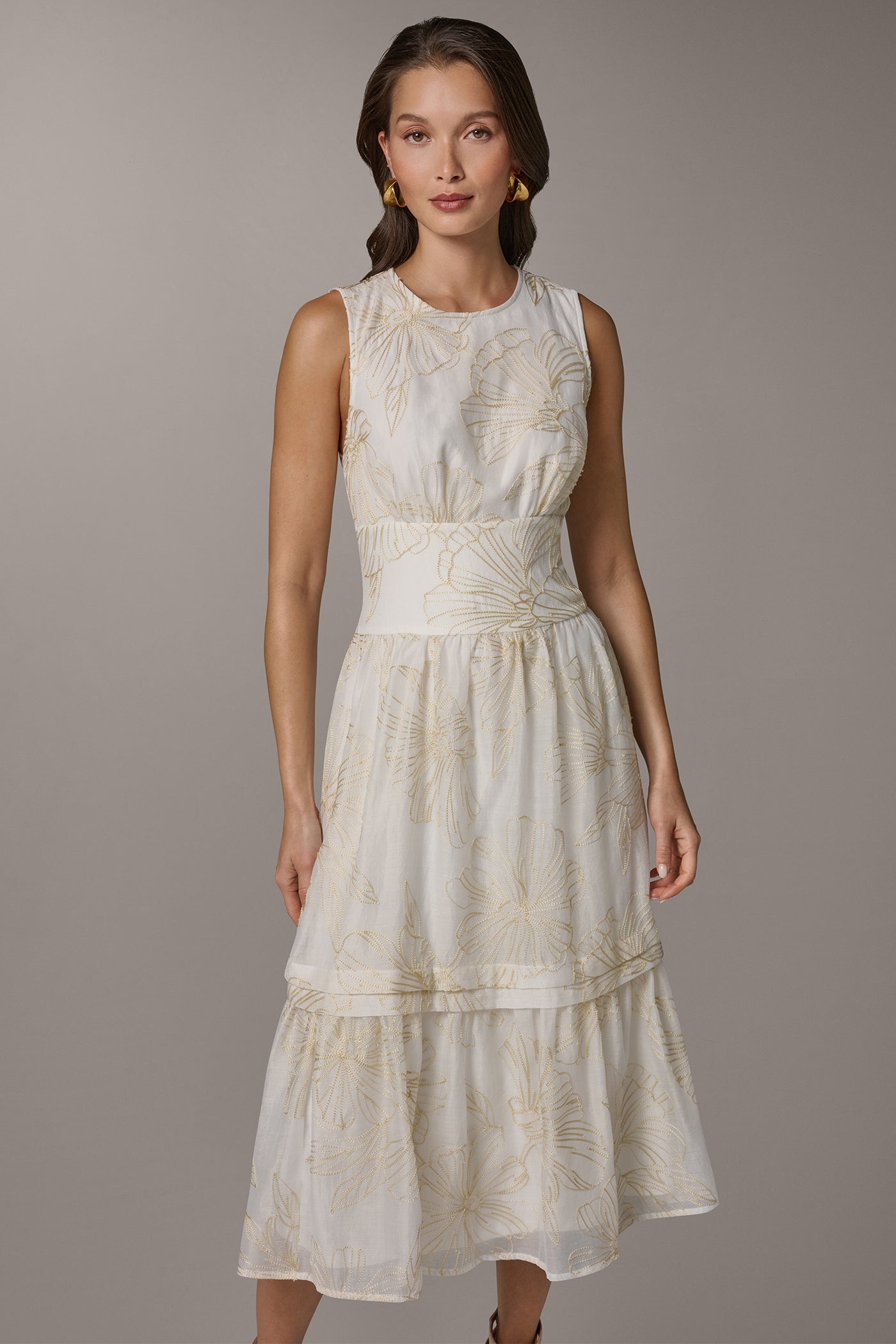 Cream/Sisal SLEEVELESS CUTOUT MIDI A-LINE DRESS Donna Karan