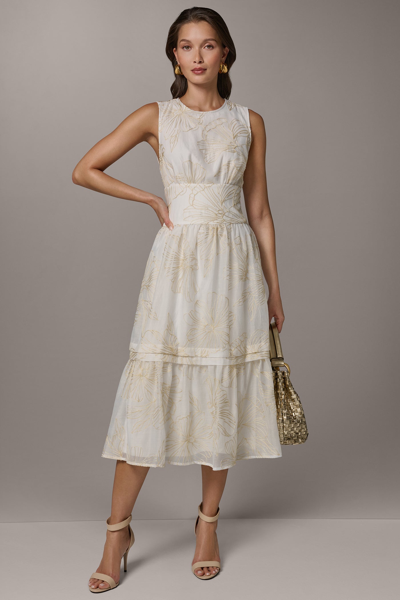 Cream/Sisal SLEEVELESS CUTOUT MIDI A-LINE DRESS Donna Karan