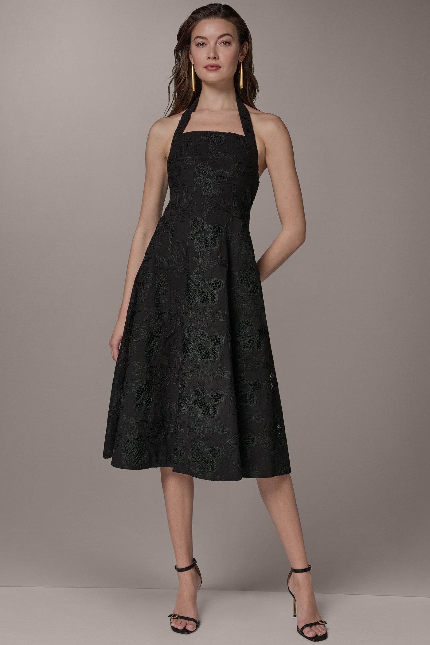 Black SLEEVELESS SWEETHEART MIDI HALTER DRESS Donna Karan