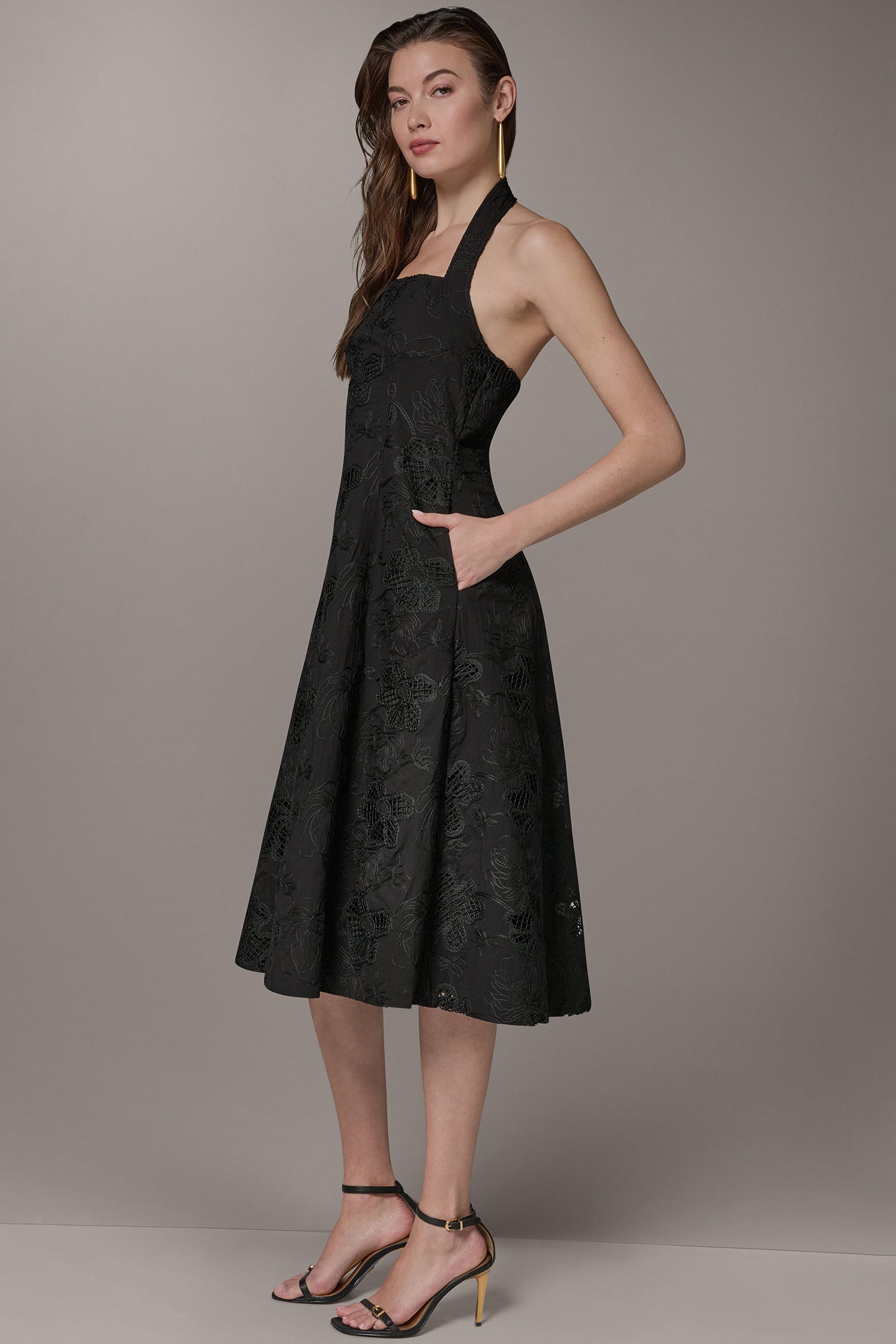 Black SLEEVELESS SWEETHEART MIDI HALTER DRESS Donna Karan