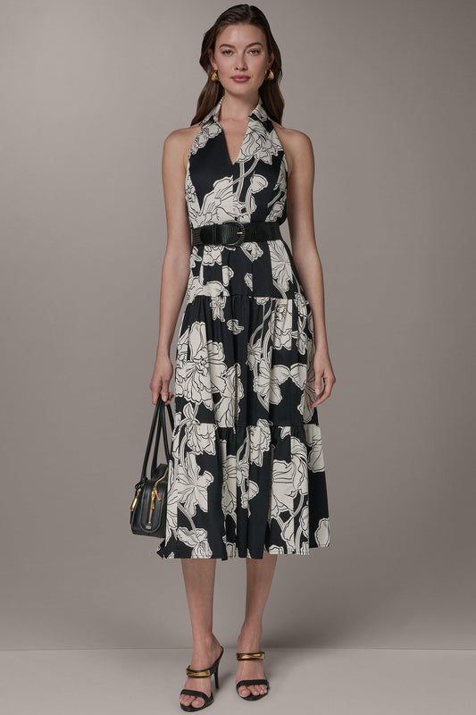 Black Cream SLEEVELESS MIDI HALTER SHIRT DRESS Donna Karan