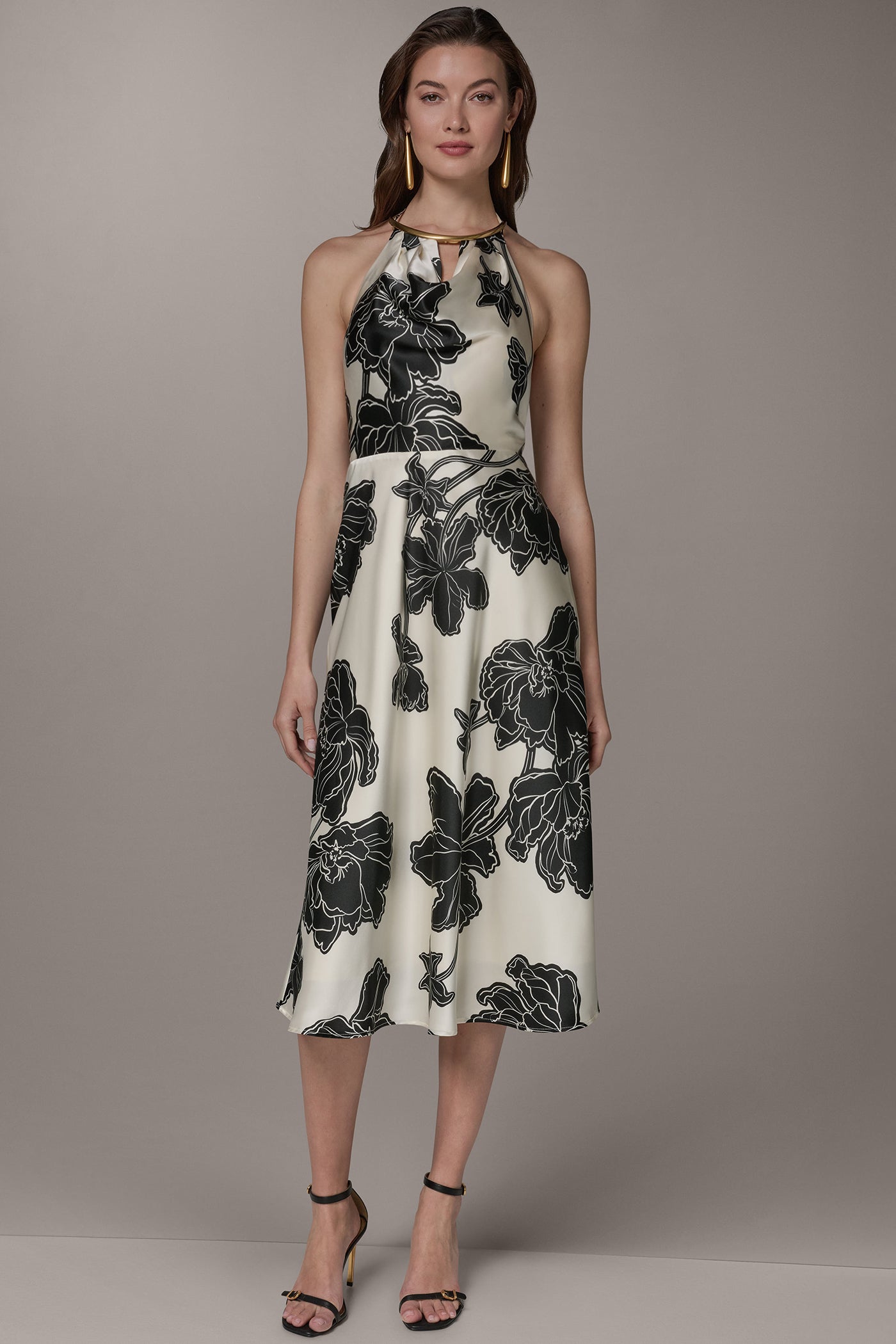 Cream/Black SLEEVELESS FLORAL MIDI HALTER DRESS Donna Karan