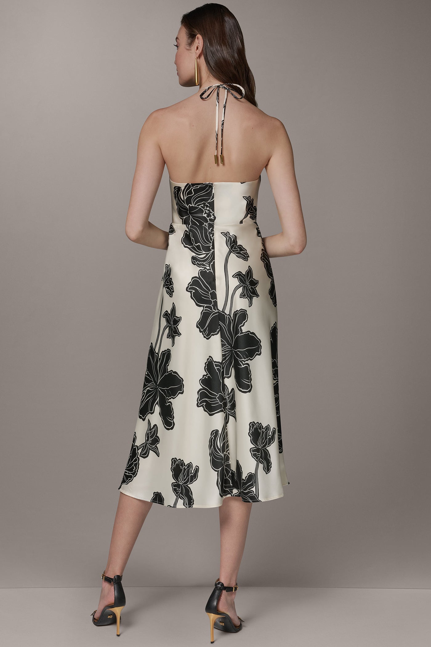 Cream/Black SLEEVELESS FLORAL MIDI HALTER DRESS Donna Karan