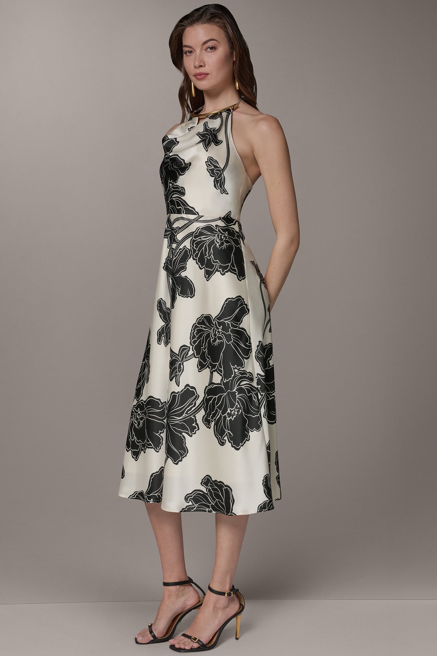 Cream/Black SLEEVELESS FLORAL MIDI HALTER DRESS Donna Karan