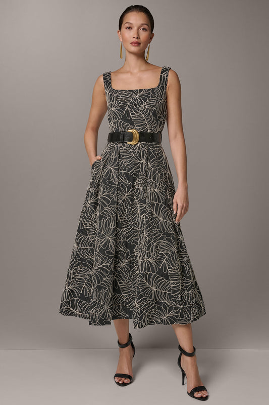 Black/Light Canvas SLEEVELESS PLEATED MIDI A-LINE DRESS Donna Karan