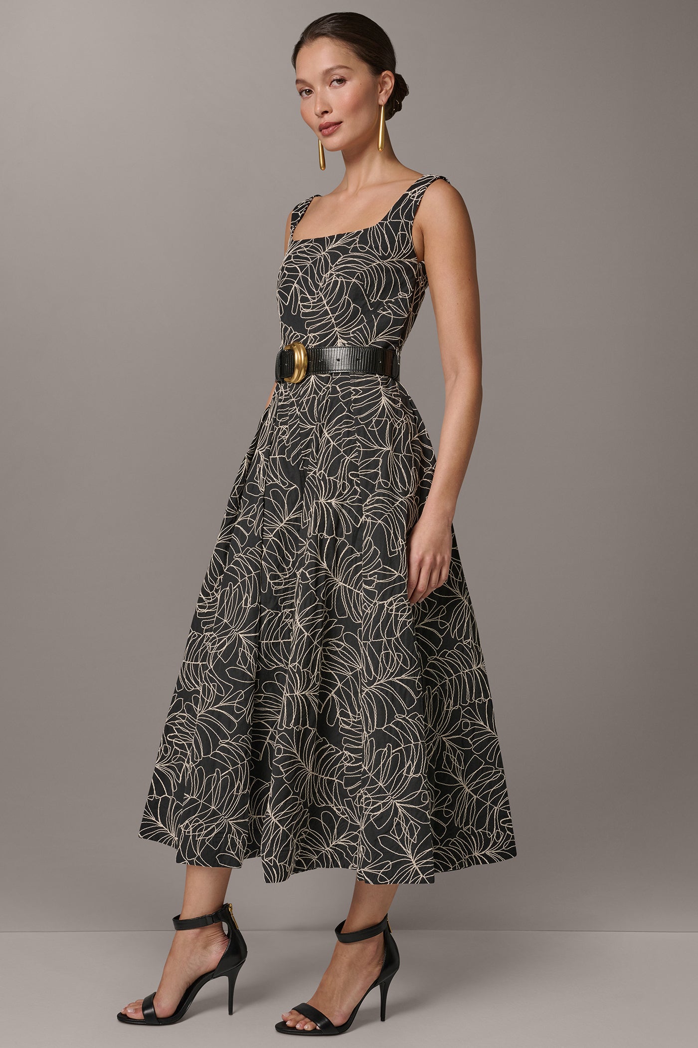 Black/Light Canvas SLEEVELESS PLEATED MIDI A-LINE DRESS Donna Karan