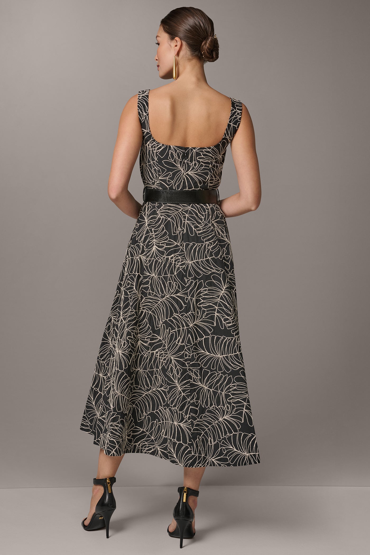 Black/Light Canvas SLEEVELESS PLEATED MIDI A-LINE DRESS Donna Karan