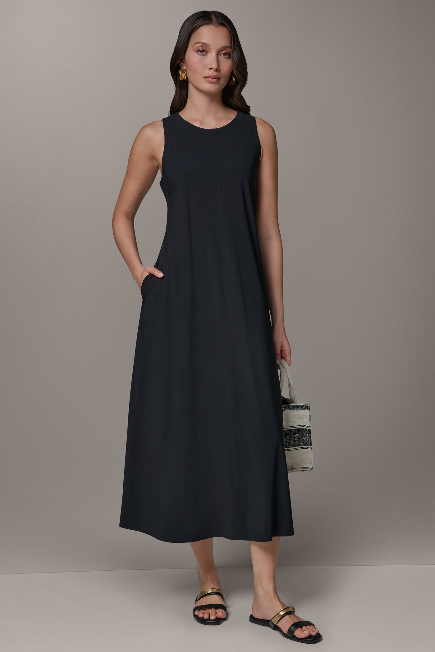 Black SLEEVELESS MIDI TRAPEZE DRESS Donna Karan