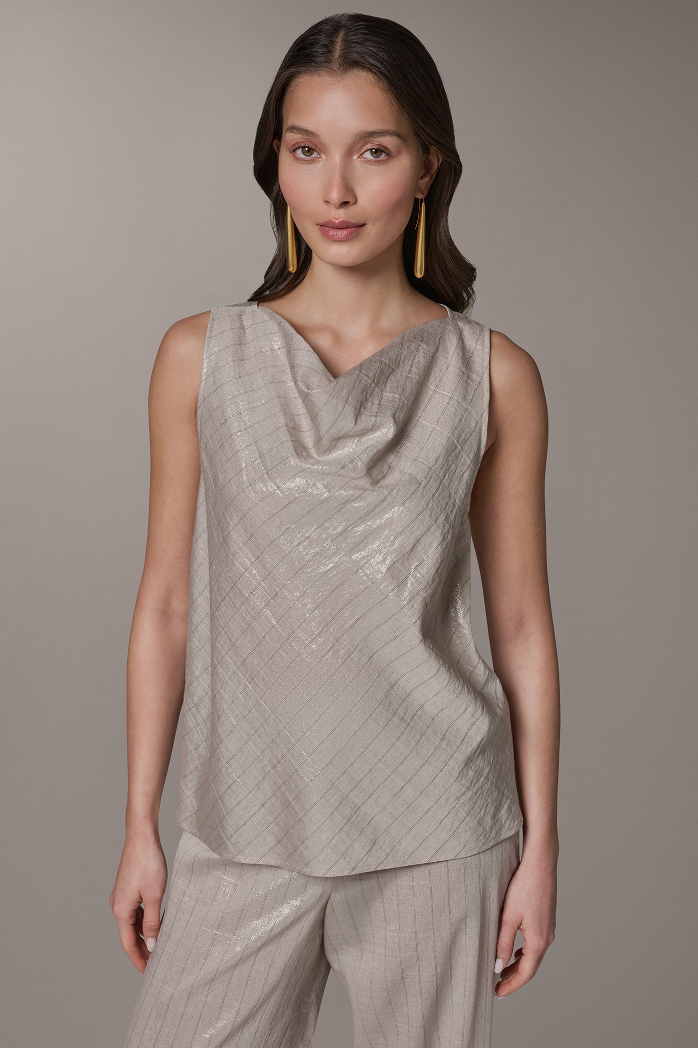 Sisal/Canyon SLEEVELESS METALLIC PINSTRIPE TOP Donna Karan