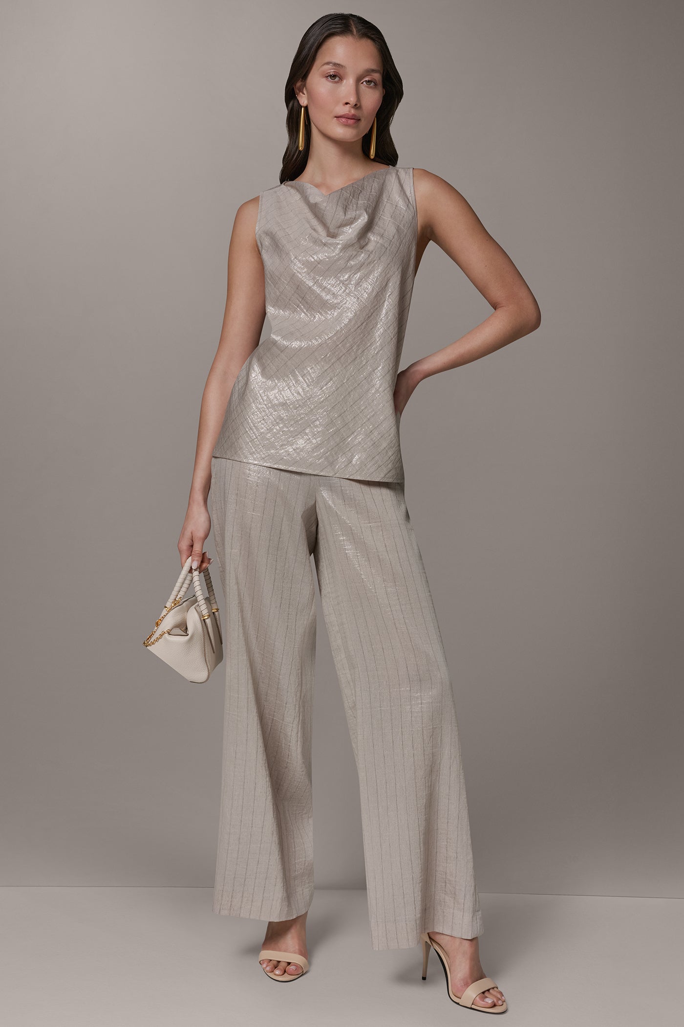 Sisal/Canyon SLEEVELESS METALLIC PINSTRIPE TOP Donna Karan