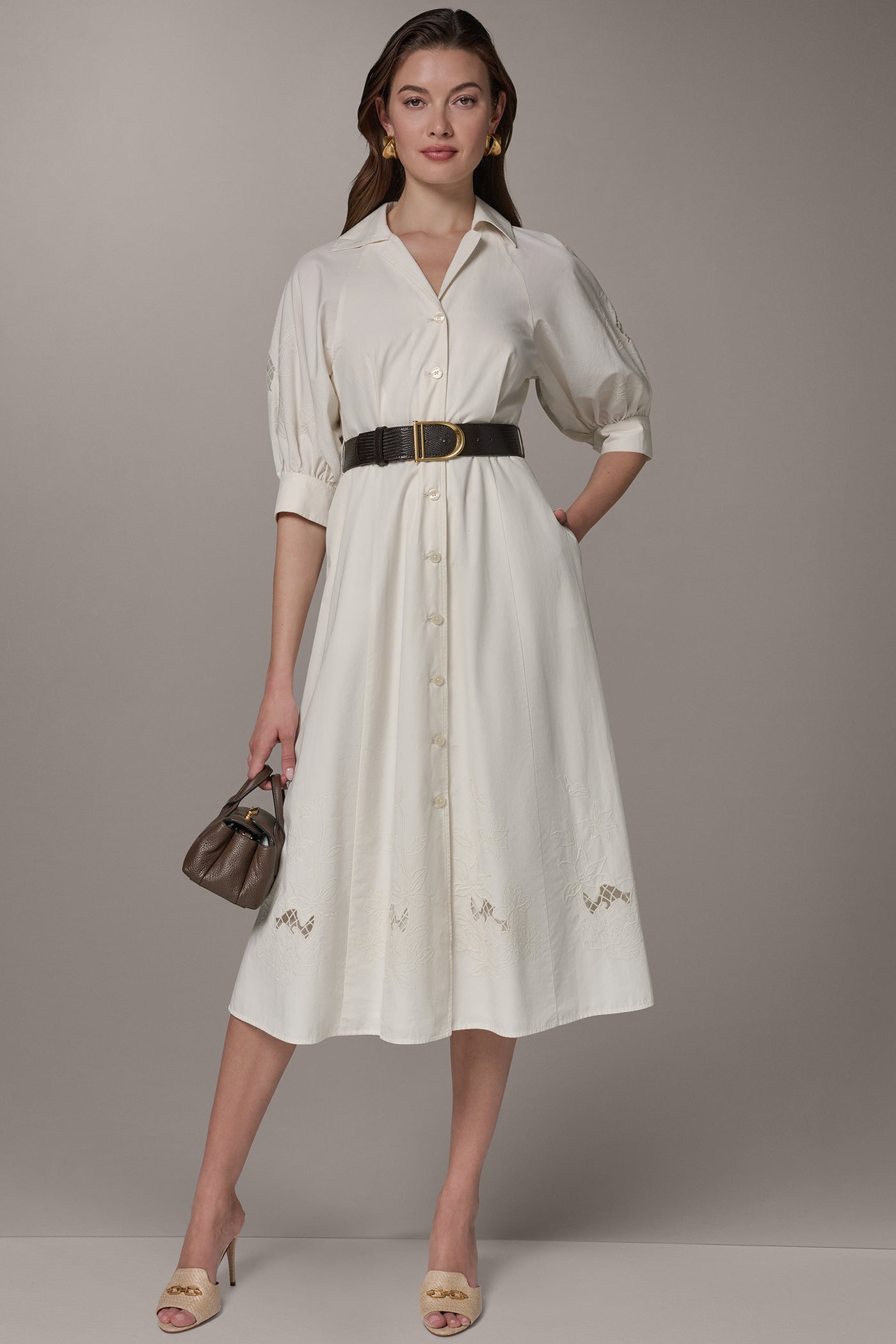 Cream PUFF SLEEVE MIDI SHIRT DRESS Donna Karan