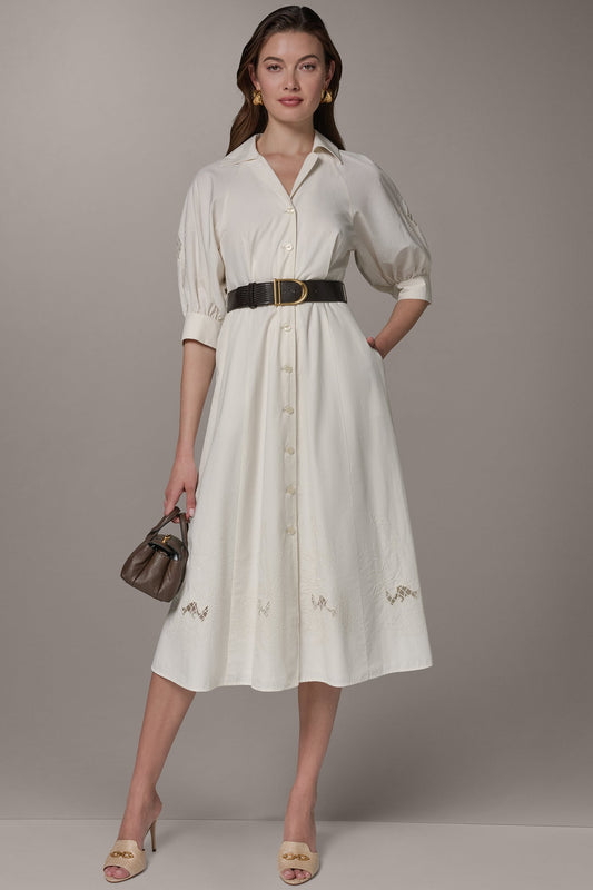 Cream PUFF SLEEVE MIDI SHIRT DRESS Donna Karan