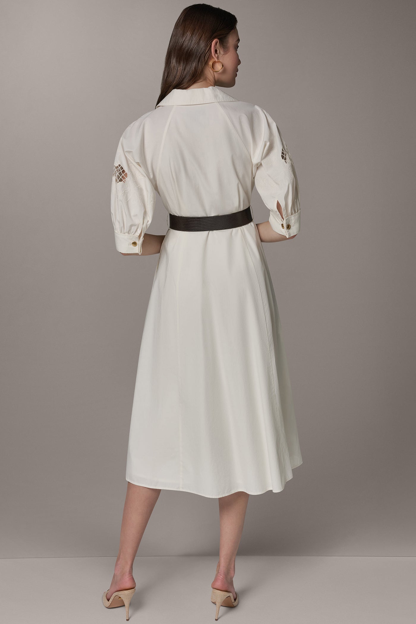 Cream PUFF SLEEVE MIDI SHIRT DRESS Donna Karan