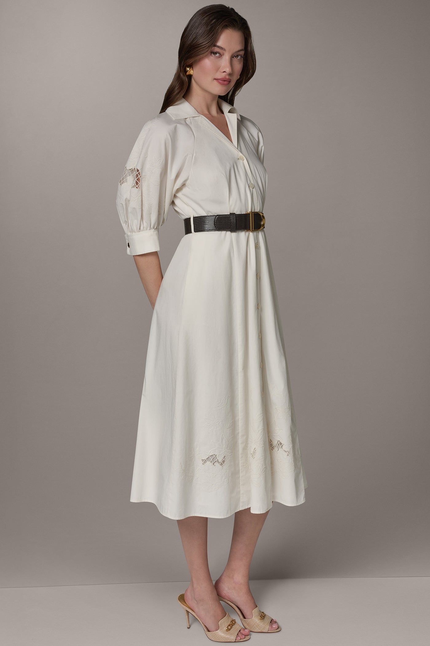 Cream PUFF SLEEVE MIDI SHIRT DRESS Donna Karan
