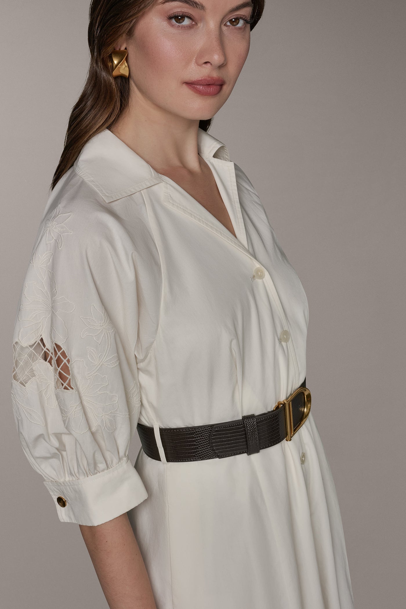 Cream PUFF SLEEVE MIDI SHIRT DRESS Donna Karan