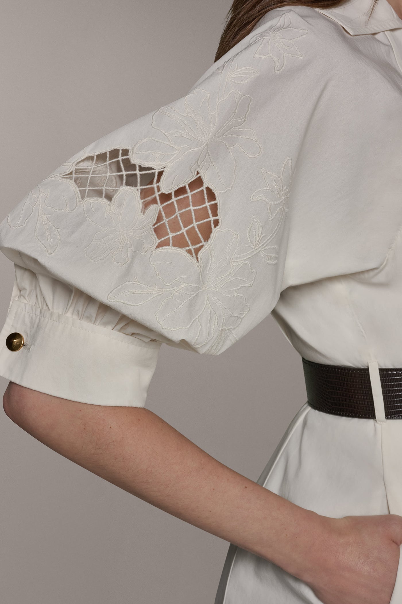 Cream PUFF SLEEVE MIDI SHIRT DRESS Donna Karan