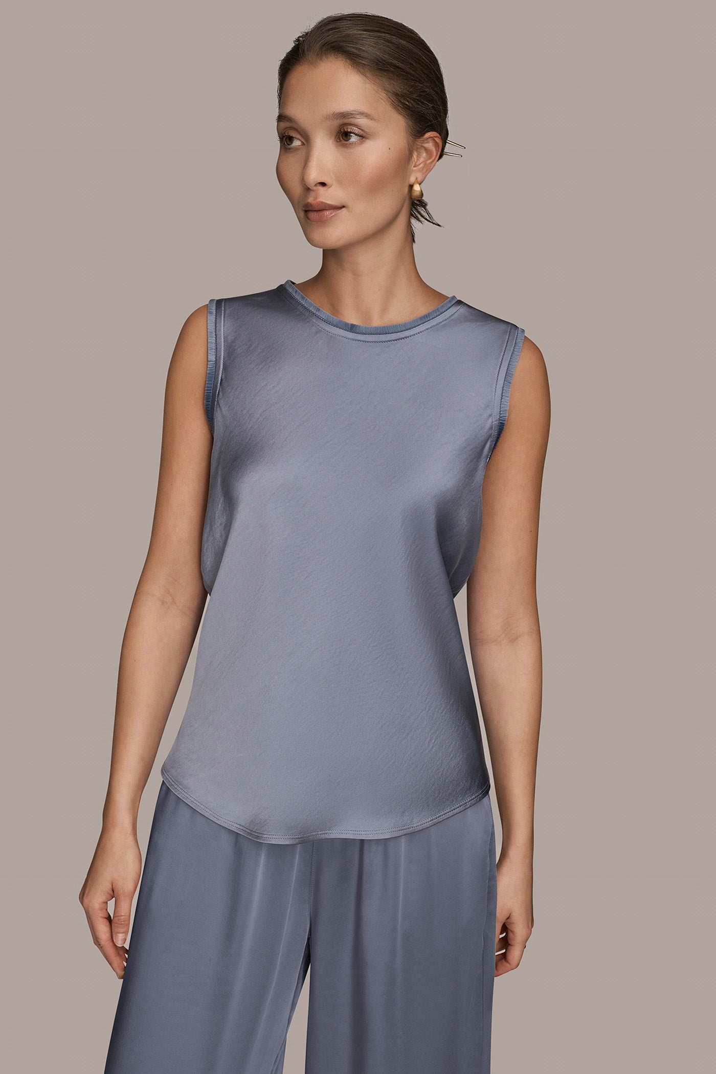 Tempest SATIN FRINGE-TRIMMED SLEEVELESS BLOUSE Donna Karan