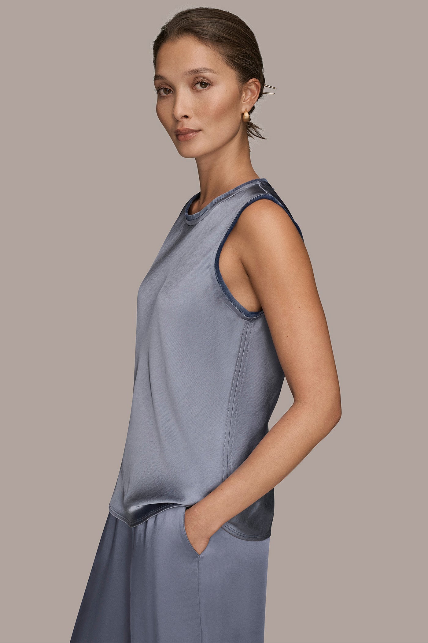 Tempest SATIN FRINGE-TRIMMED SLEEVELESS BLOUSE Donna Karan