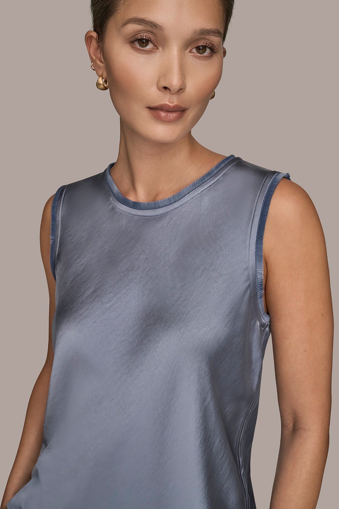 Tempest SATIN FRINGE-TRIMMED SLEEVELESS BLOUSE Donna Karan