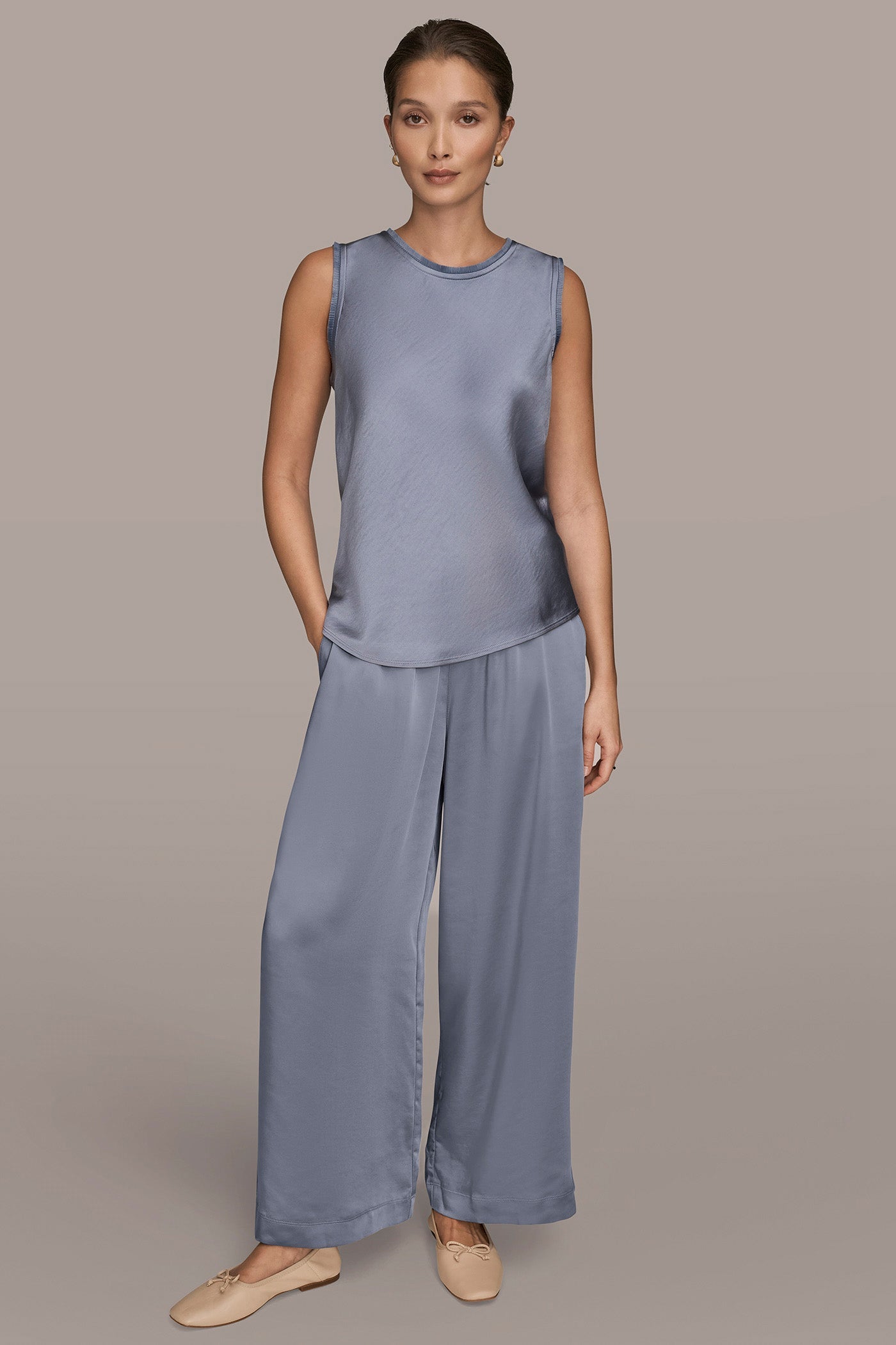 Tempest SATIN FRINGE-TRIMMED SLEEVELESS BLOUSE Donna Karan