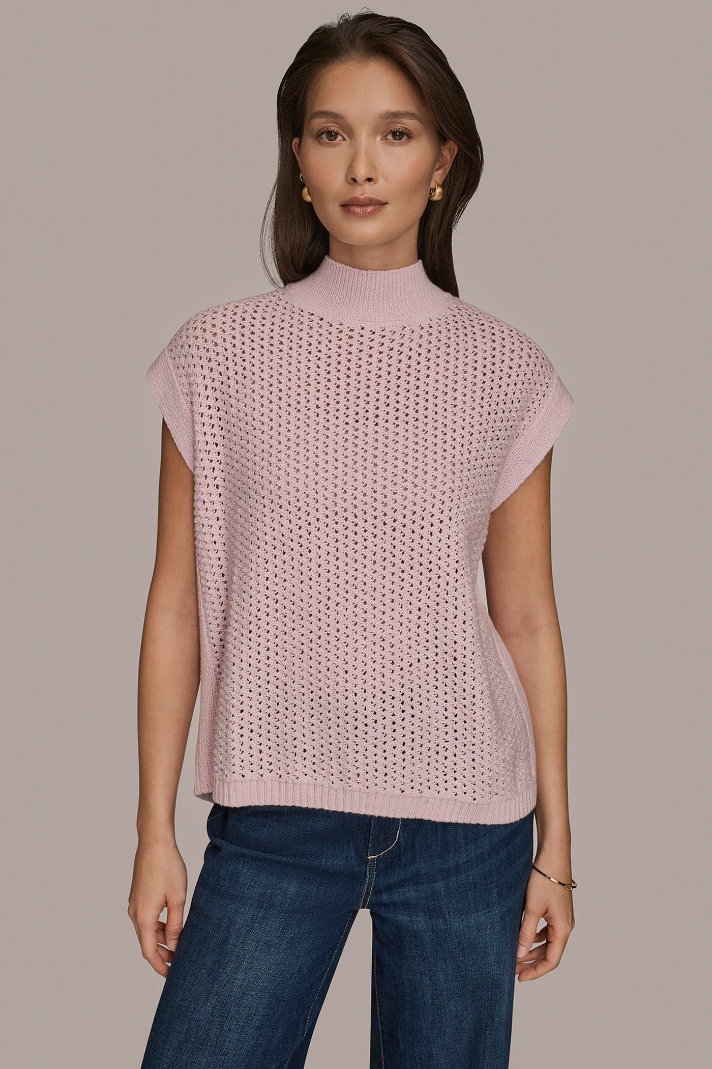 PINK WISTERIA SLEEVELESS MOCK-NECK OPEN STITCH SWEATER Donna Karan