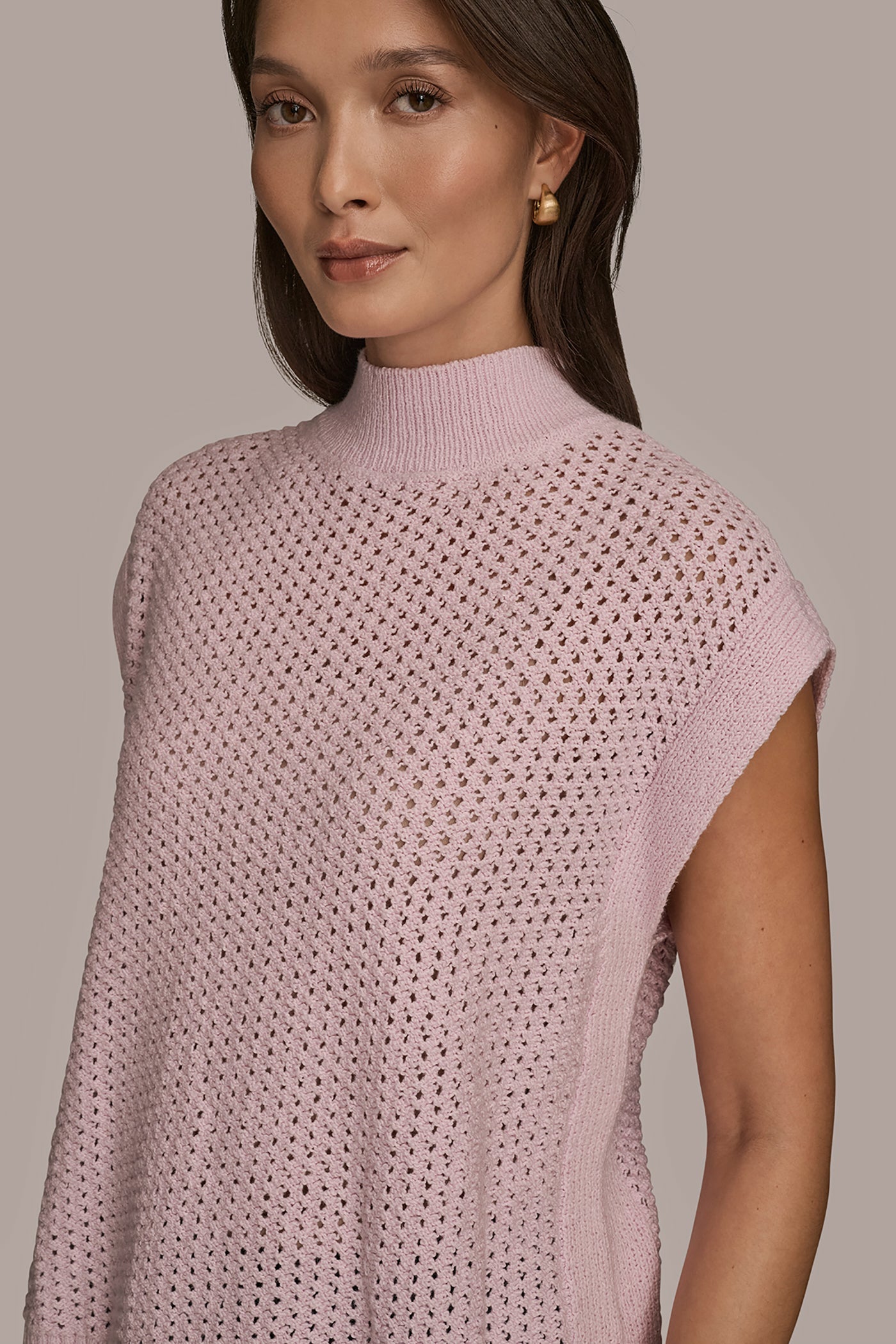 PINK WISTERIA SLEEVELESS MOCK-NECK OPEN STITCH SWEATER Donna Karan