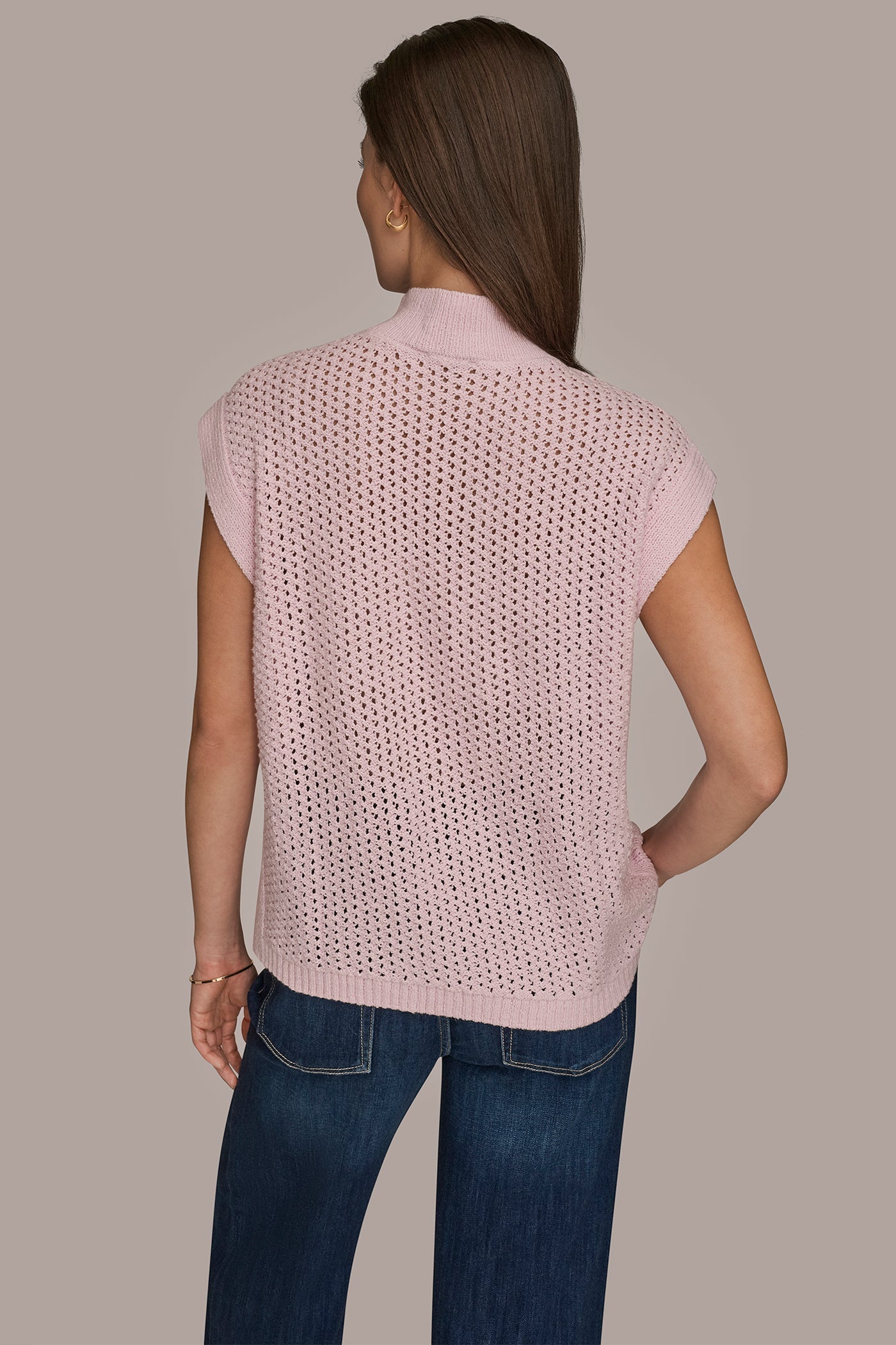 PINK WISTERIA SLEEVELESS MOCK-NECK OPEN STITCH SWEATER Donna Karan