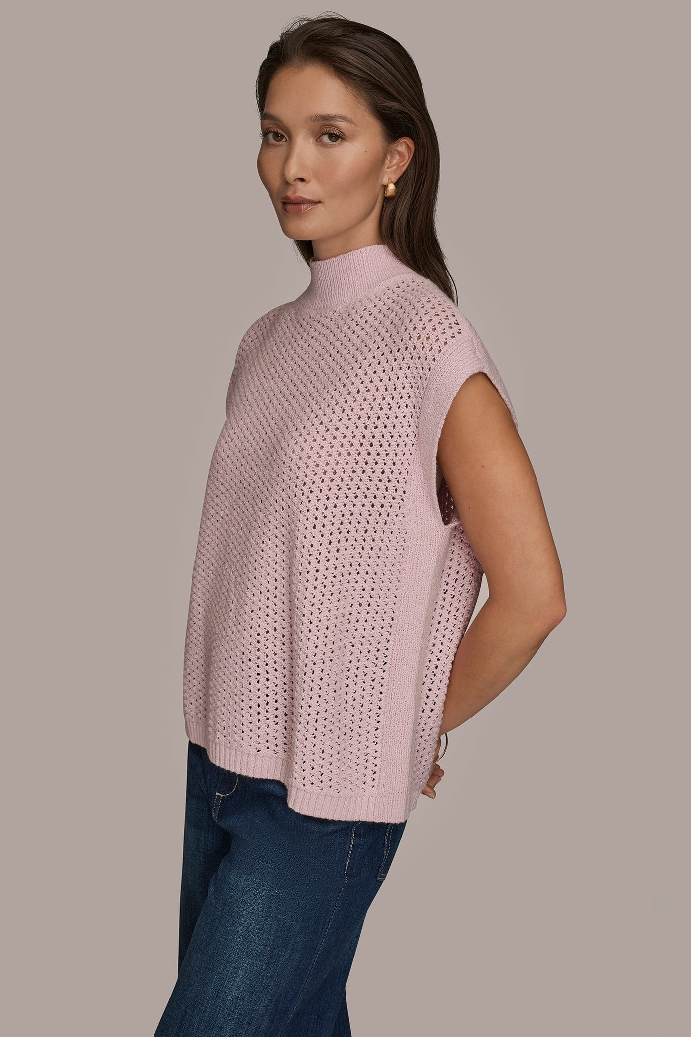 PINK WISTERIA SLEEVELESS MOCK-NECK OPEN STITCH SWEATER Donna Karan