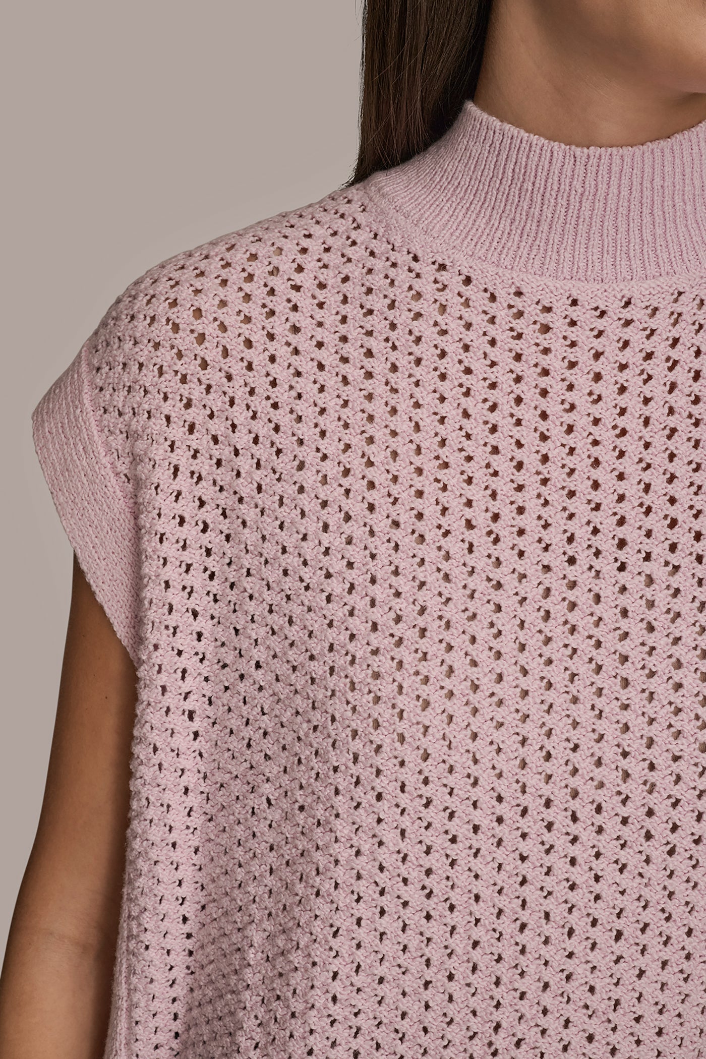 PINK WISTERIA SLEEVELESS MOCK-NECK OPEN STITCH SWEATER Donna Karan