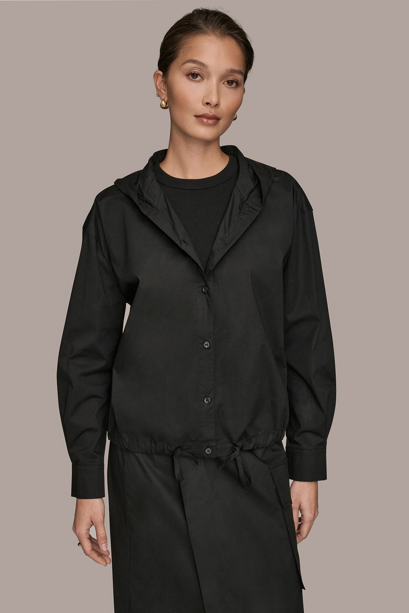 Black HOODED BUTTON-DOWN SHIRT Donna Karan