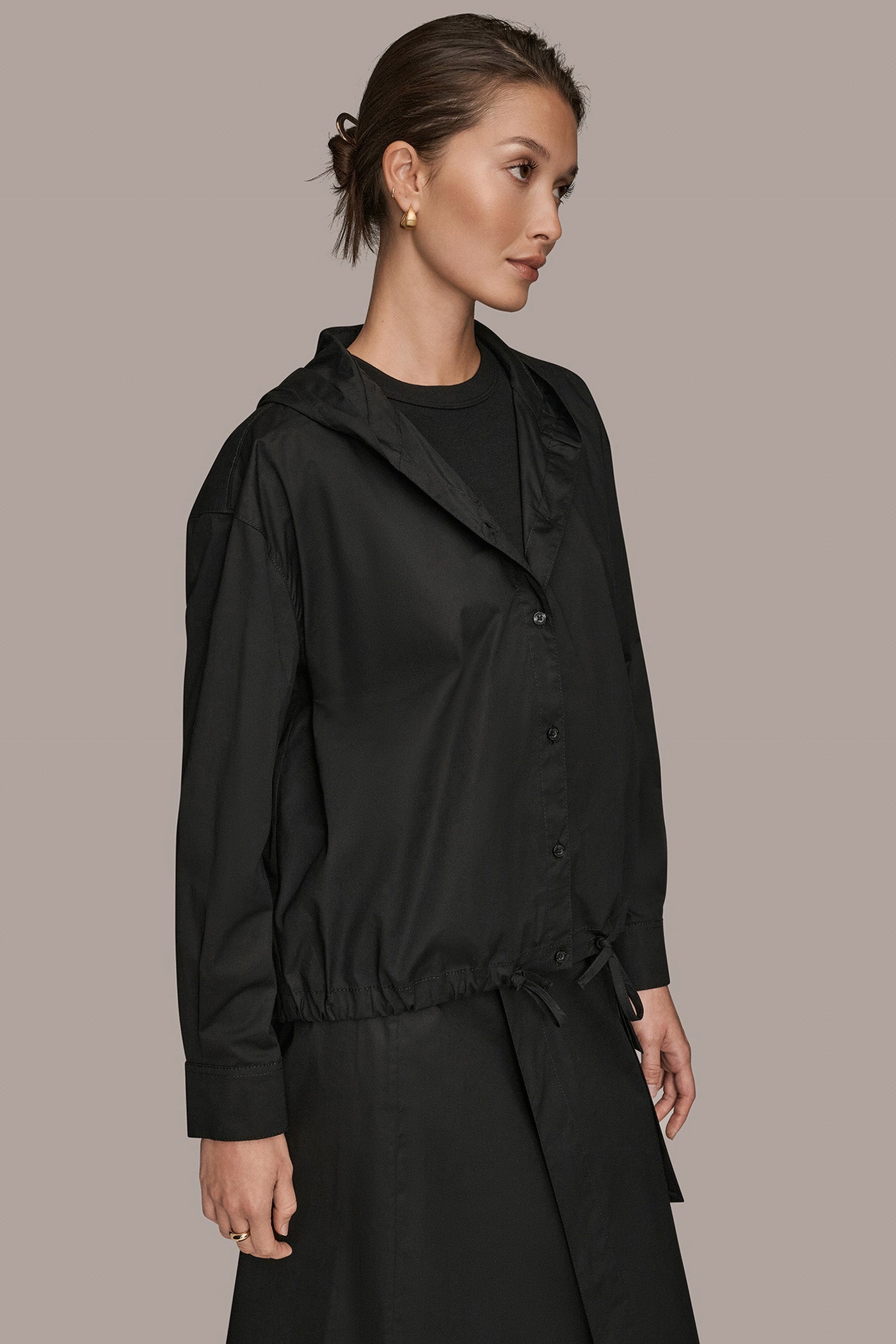Black HOODED BUTTON-DOWN SHIRT Donna Karan