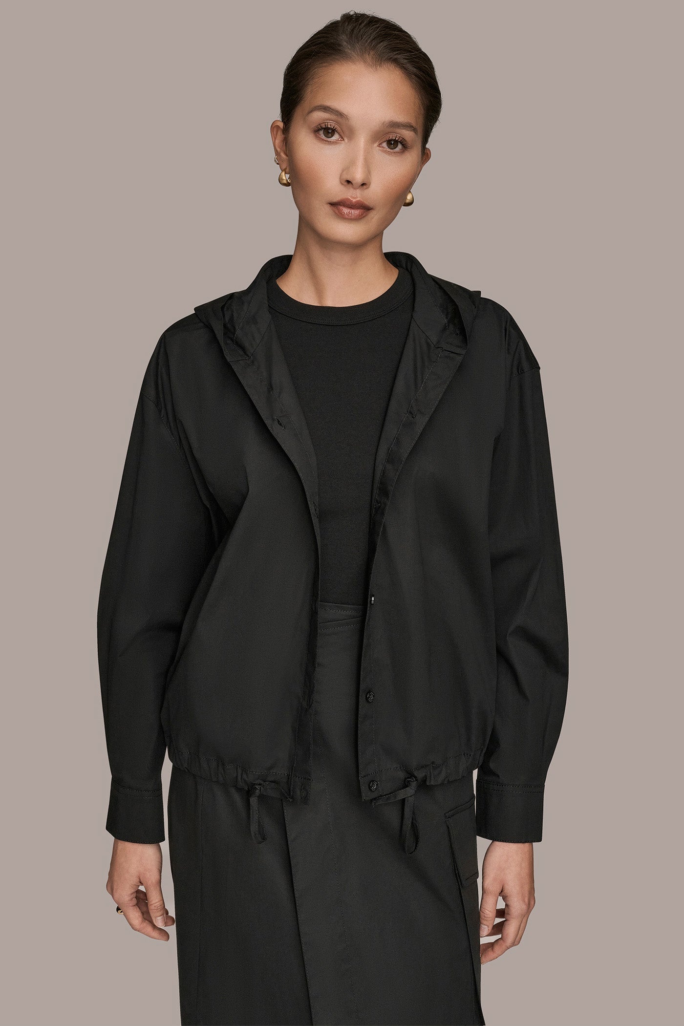 Black HOODED BUTTON-DOWN SHIRT Donna Karan